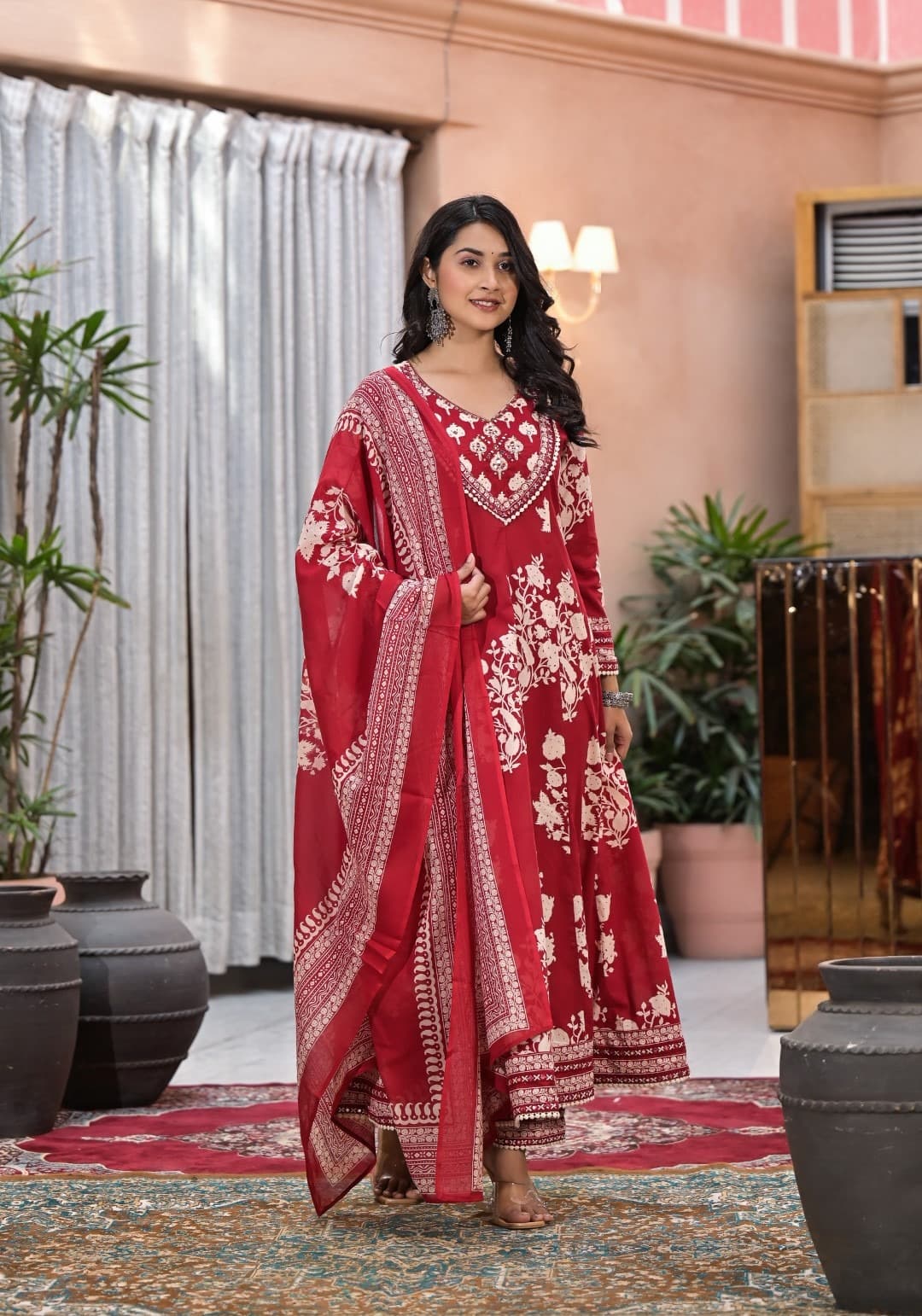 Red Aari work Block Print cotton kurta set 