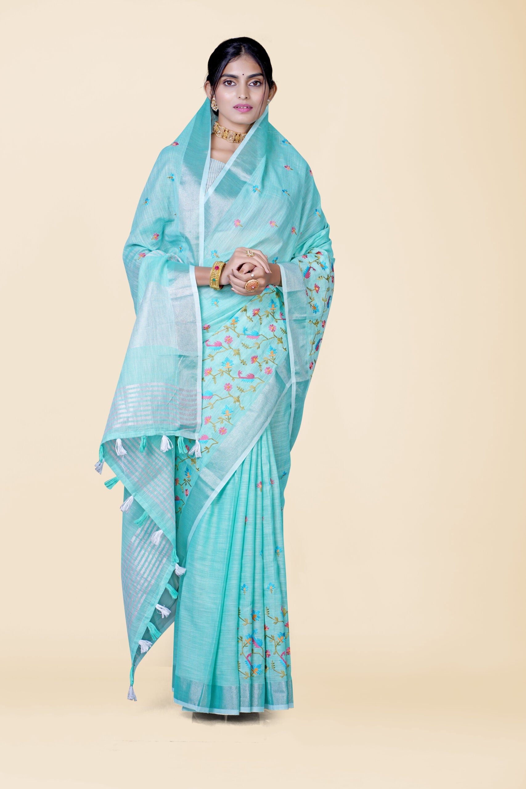 Sea Green Threadwork Cotton Silk Saree 