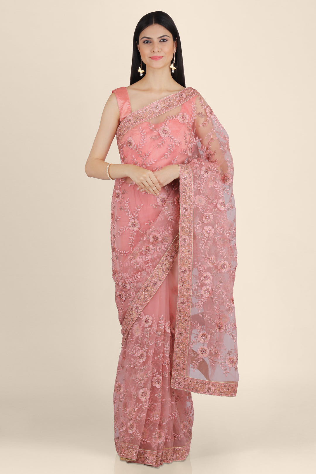 Pink Embroidered Net Saree - KAJREE