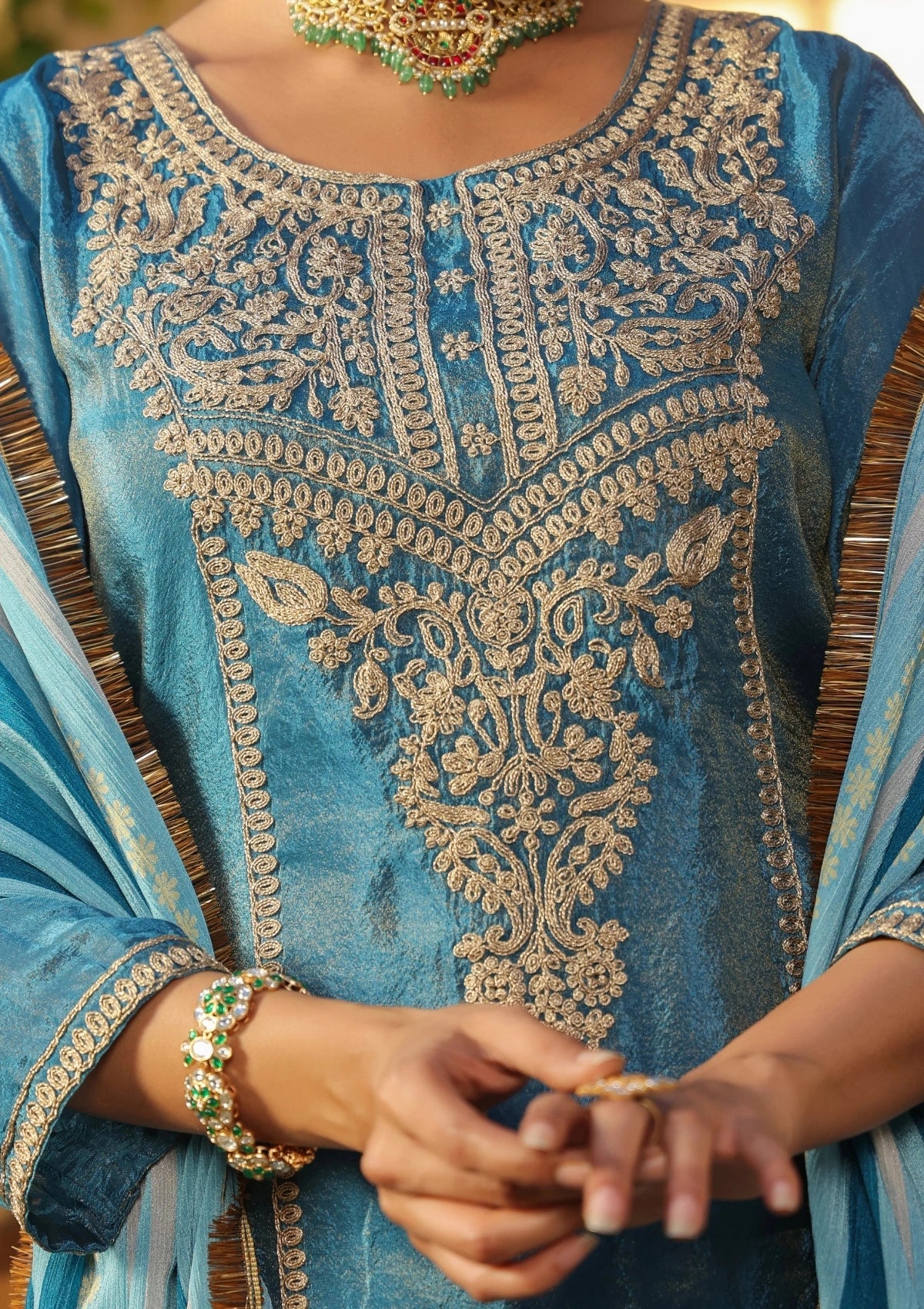 Blue Handwork Silk Kurta Set with Dupatta 