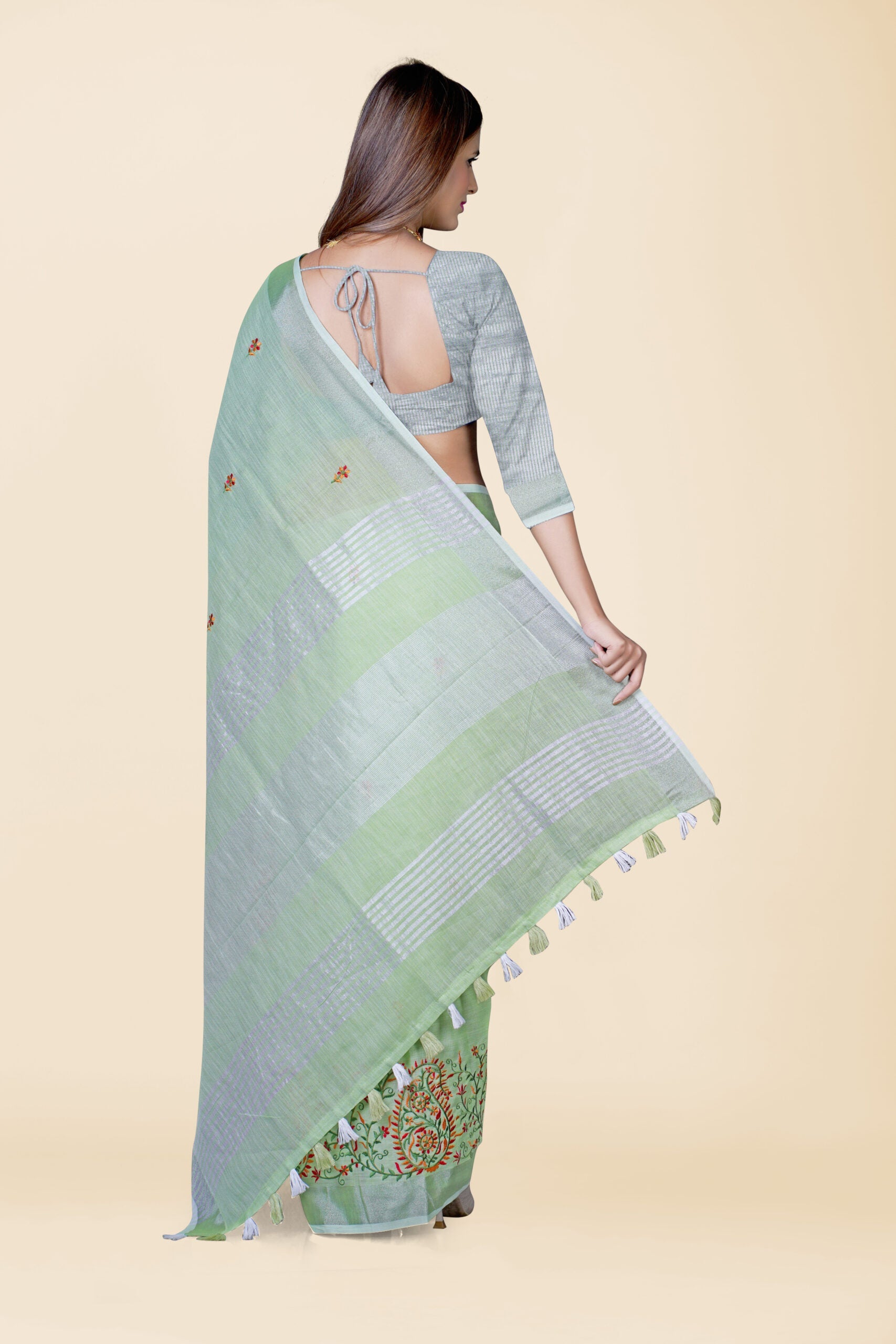 Green Threadwork Cotton Silk Saree 