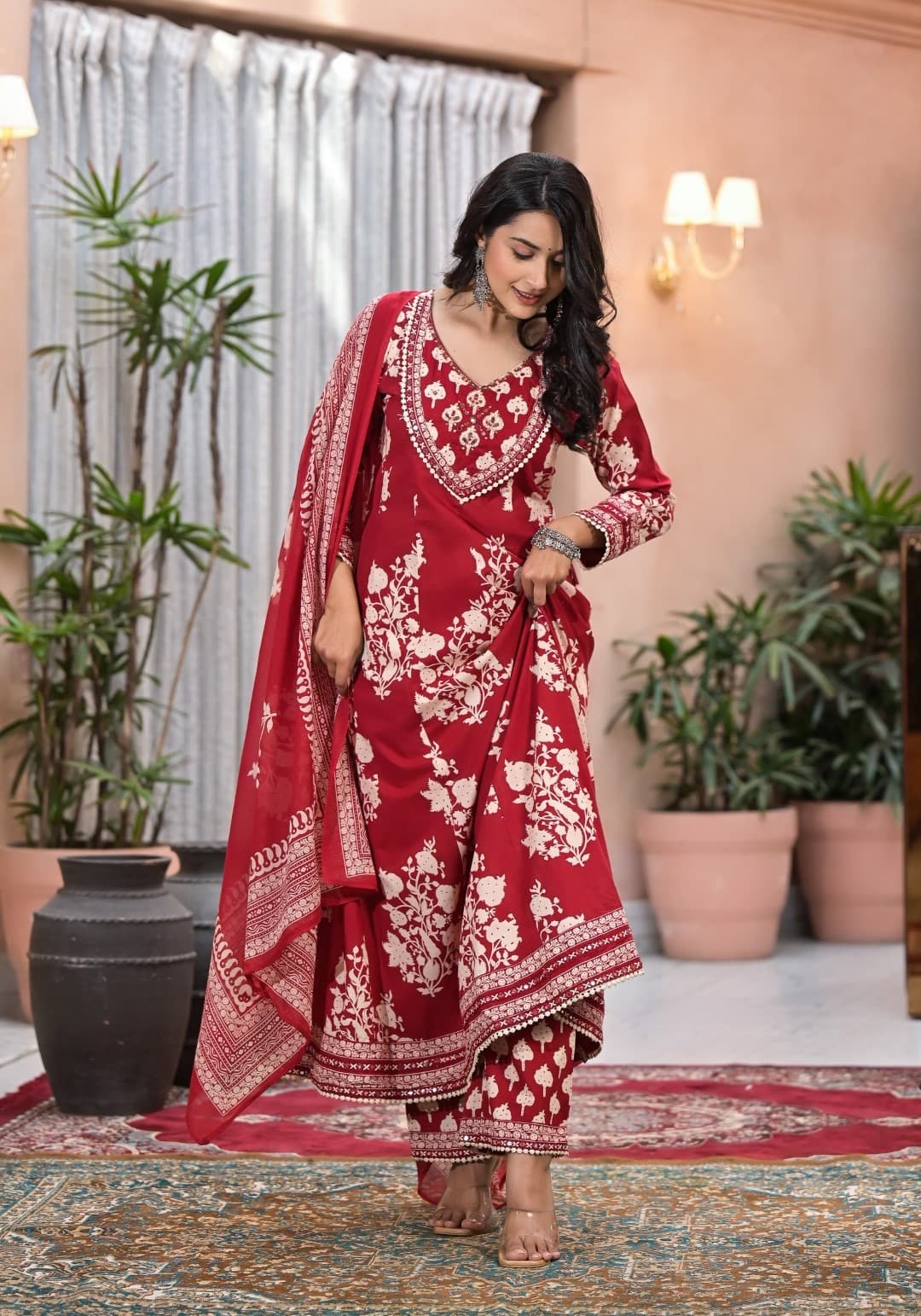 Red Aari work Block Print cotton kurta set 