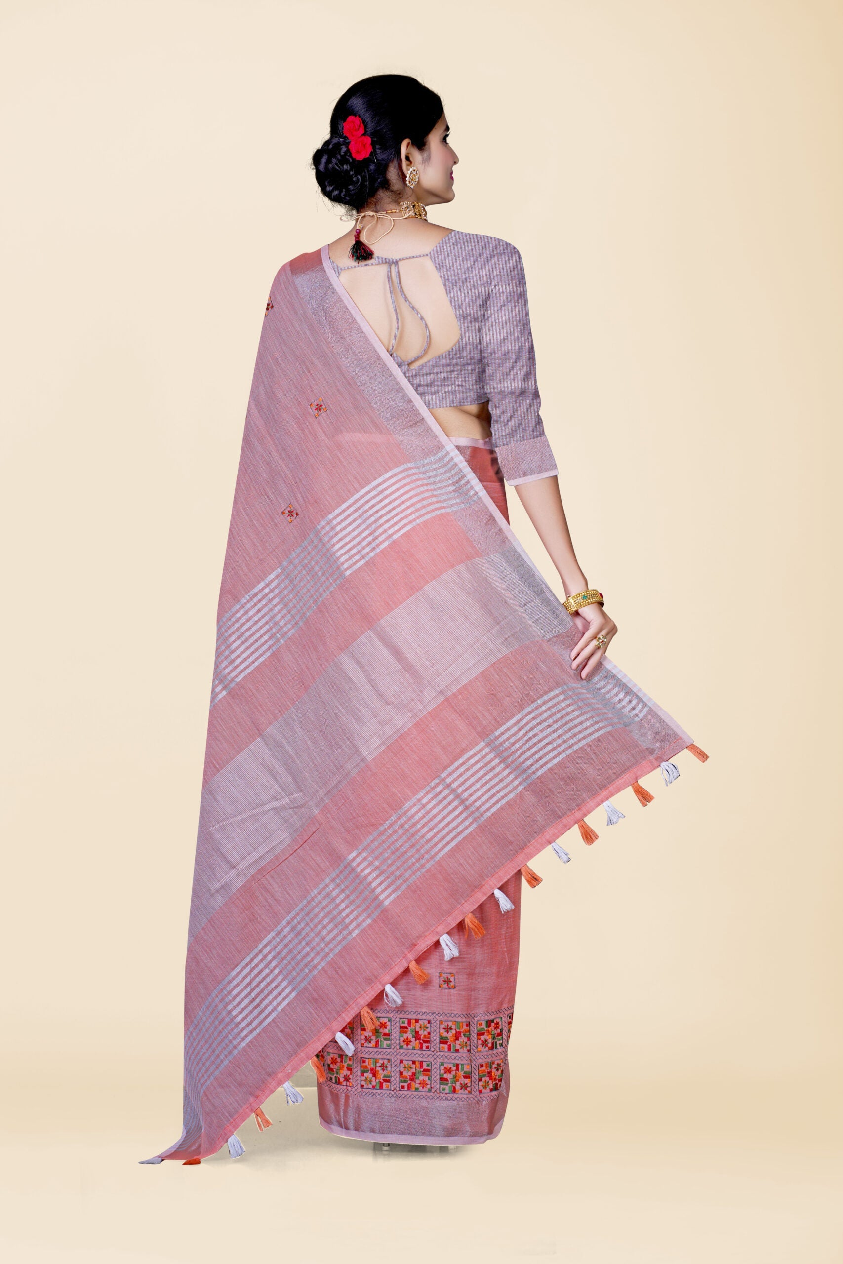 Orange Threadwork Cotton Silk Saree 