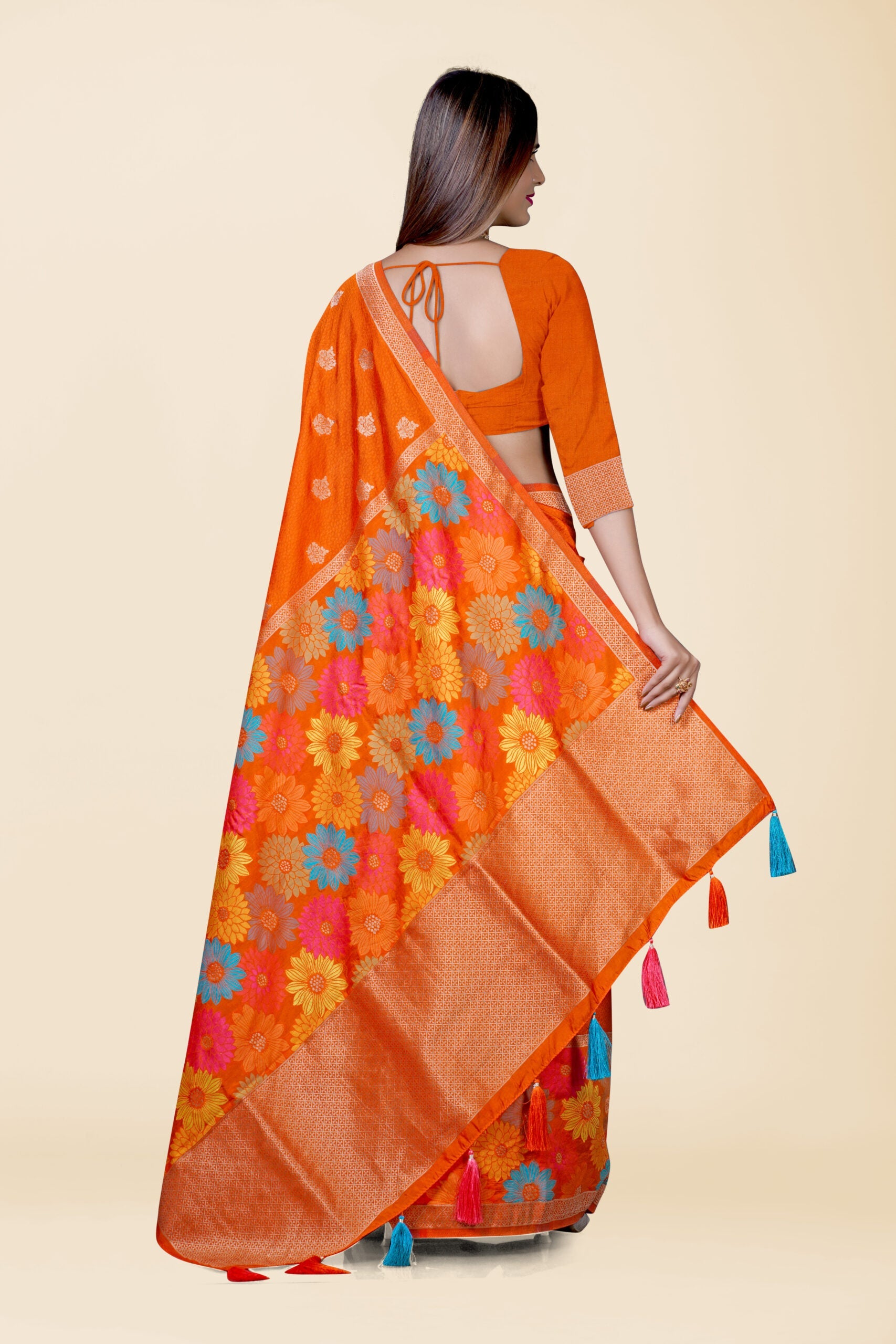 Orange Zari work Semi Silk Saree 