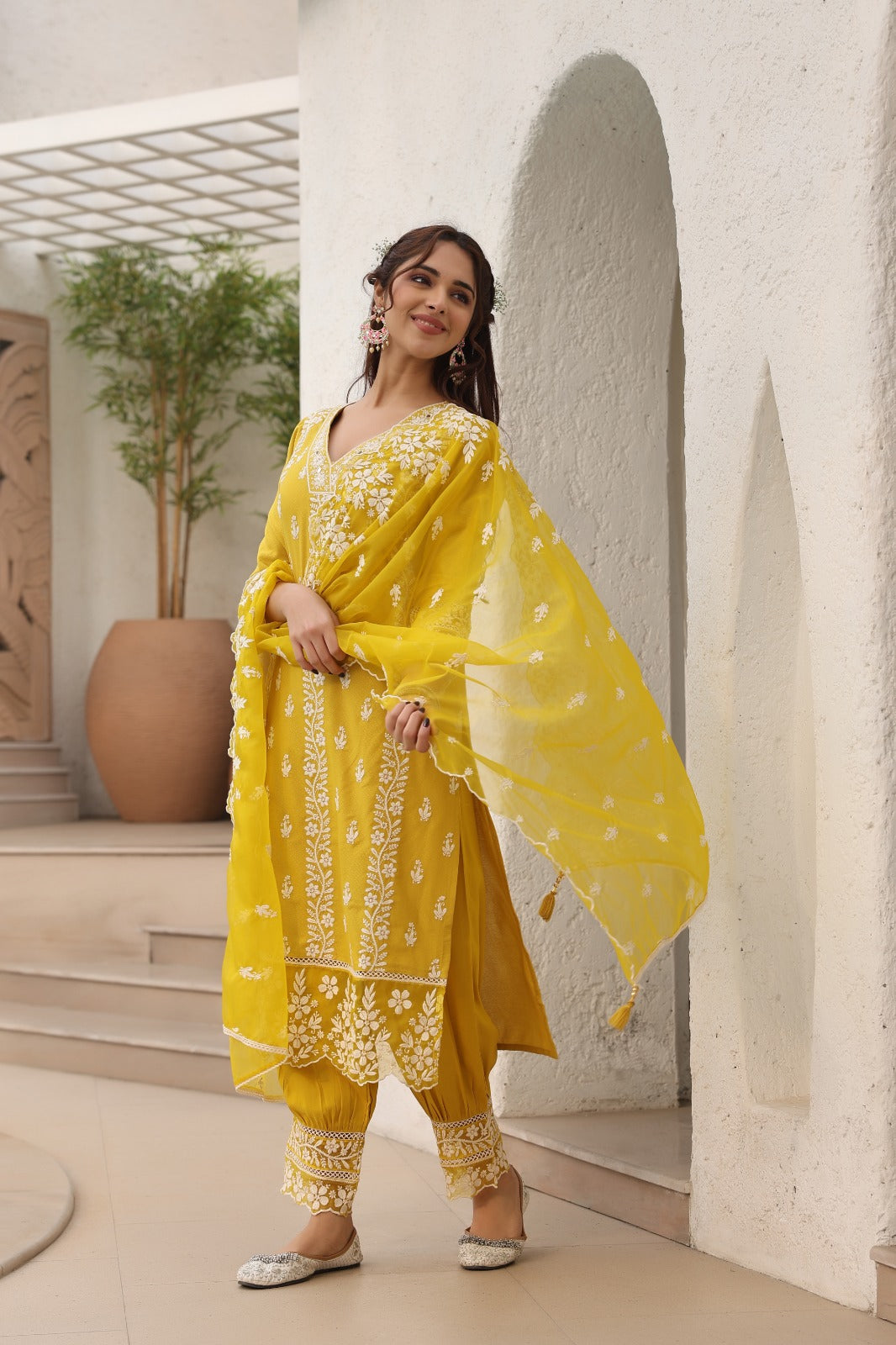 Yellow Threadwork Cotton Dobby Kurta Set - KAJREE
