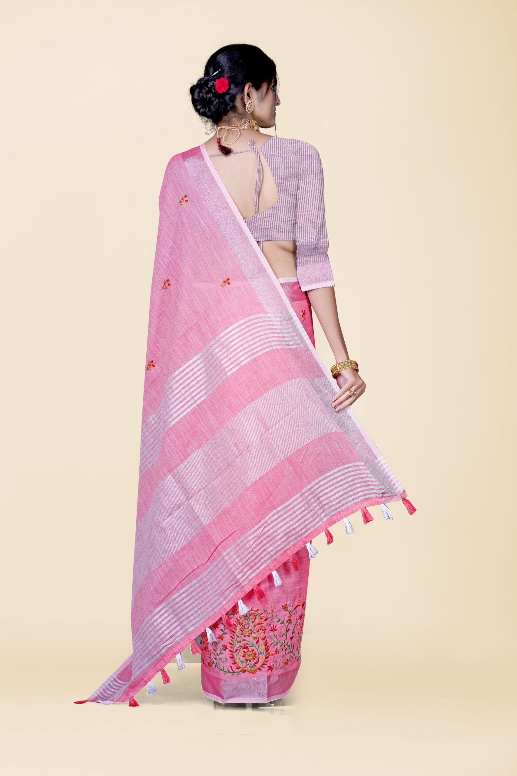 Pink Threadwork Semi Silk Saree 
