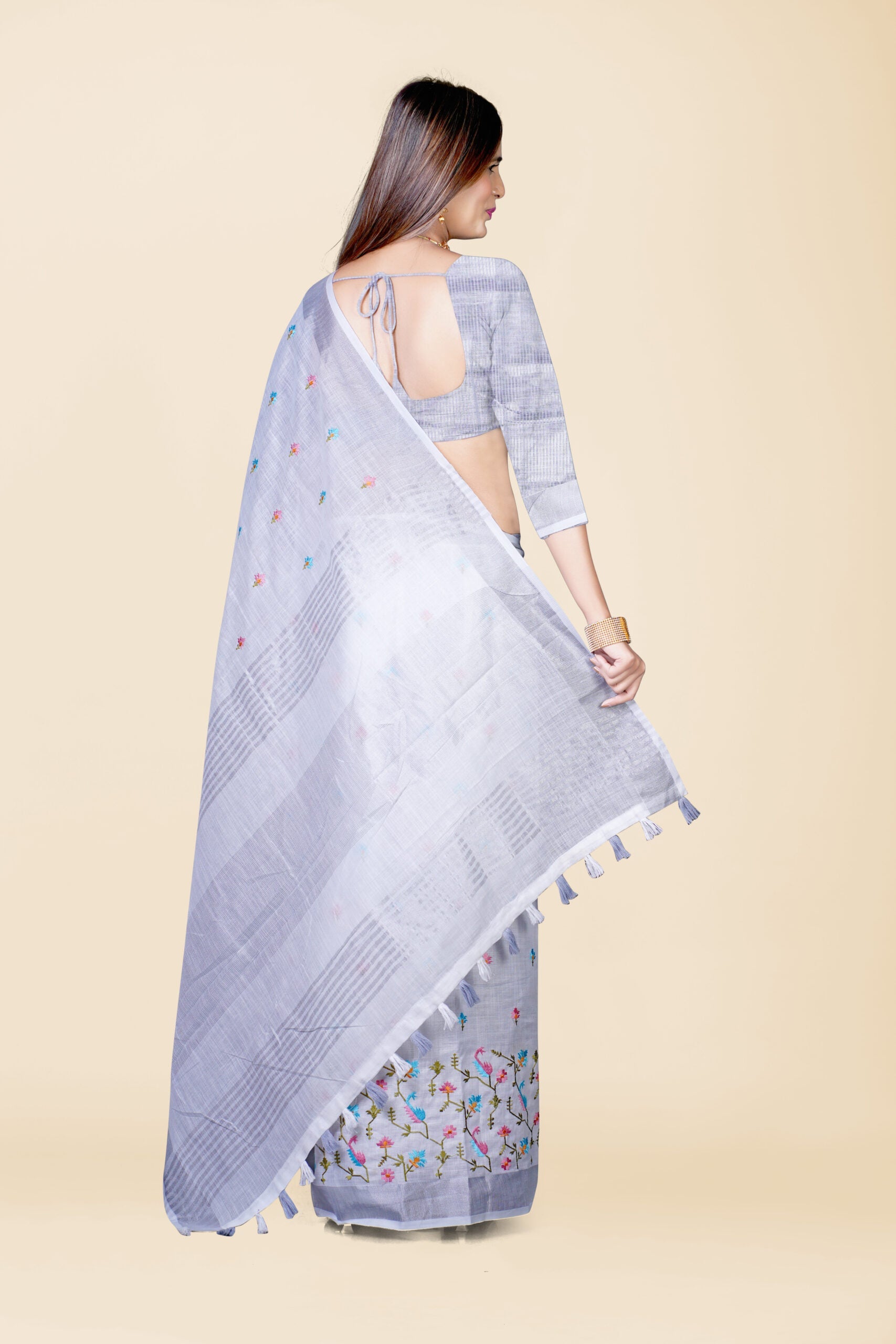 White Threadwork Semi Silk Saree 