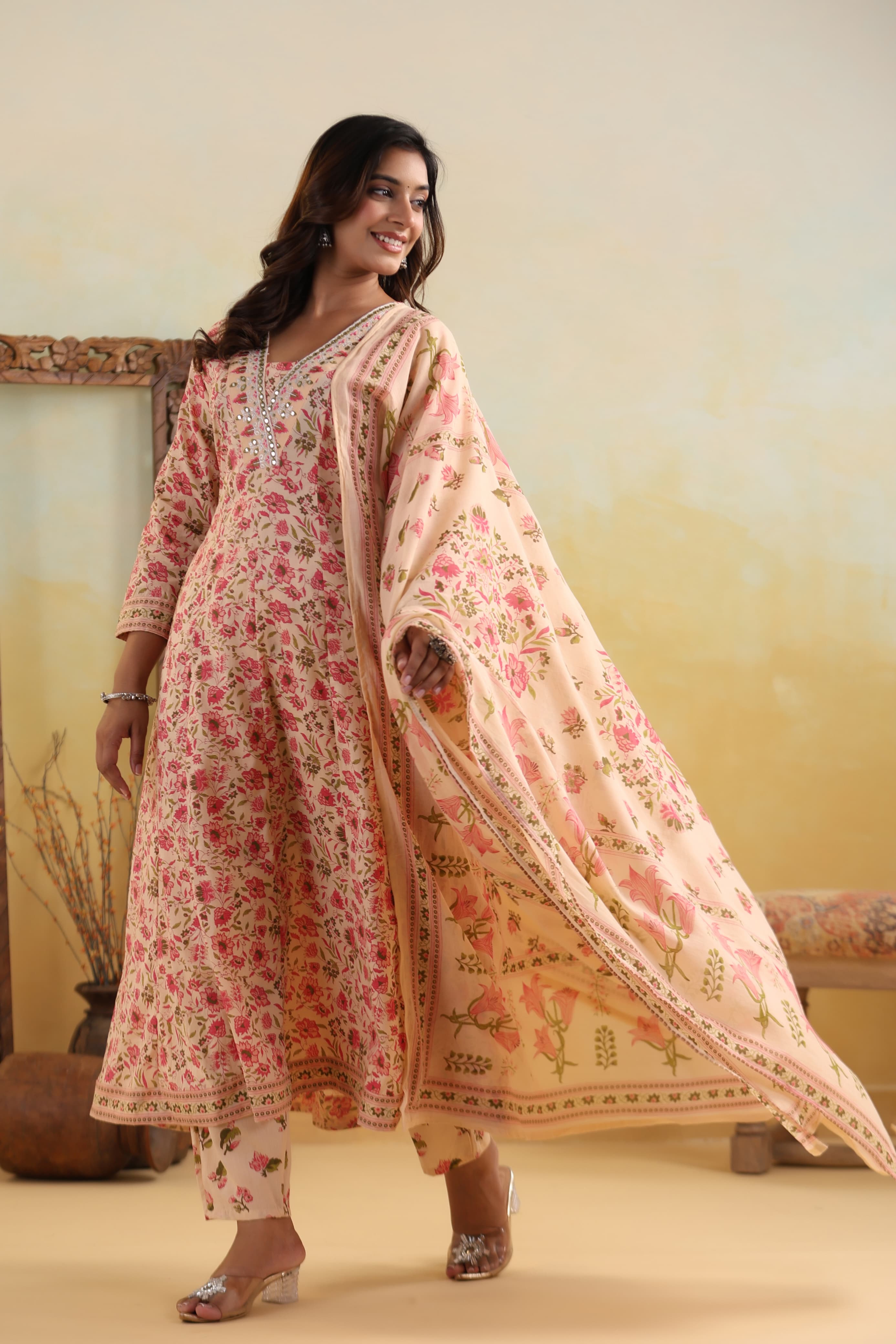 Peach Abla work Block Print cotton kurta set 