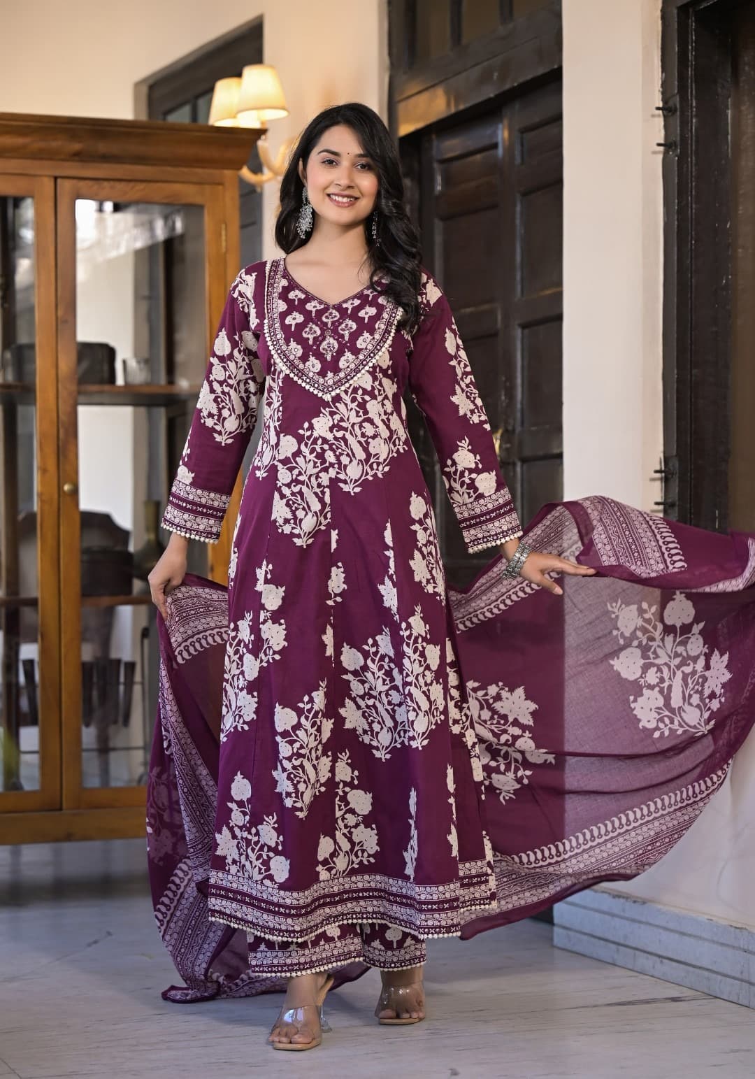 Maroon Aari work Block Print cotton kurta set 