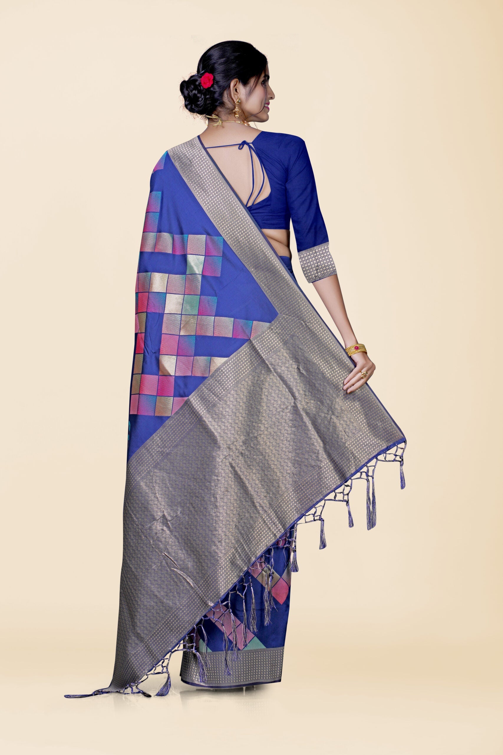 Blue Bridal Red Cotton Silk Saree 