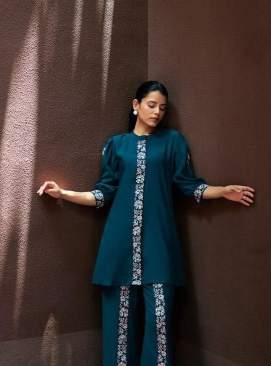 Navy Blue Threadwork Cotton Co-ord Set - KAJREE