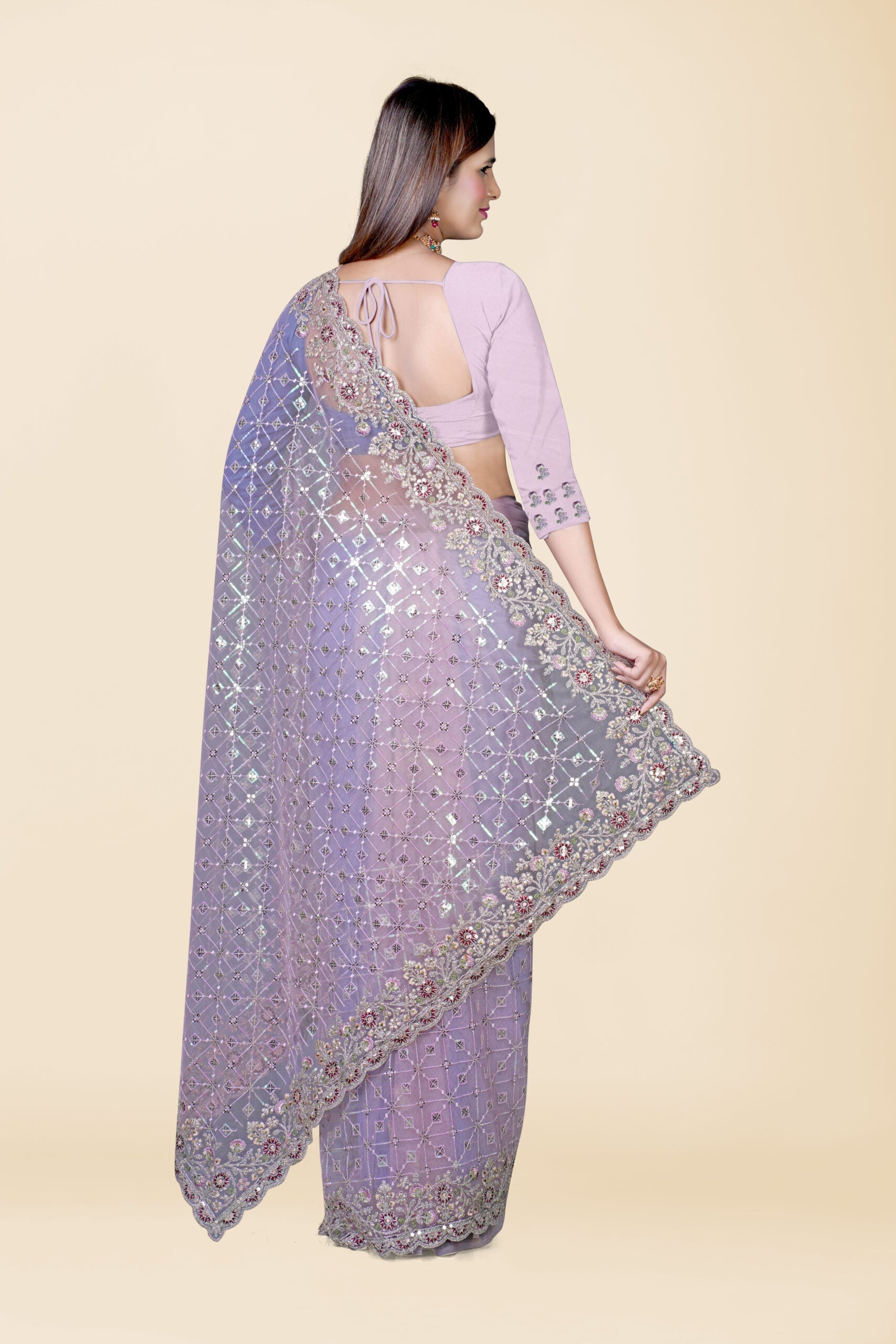 Lavender Stonework Net Saree - KAJREE