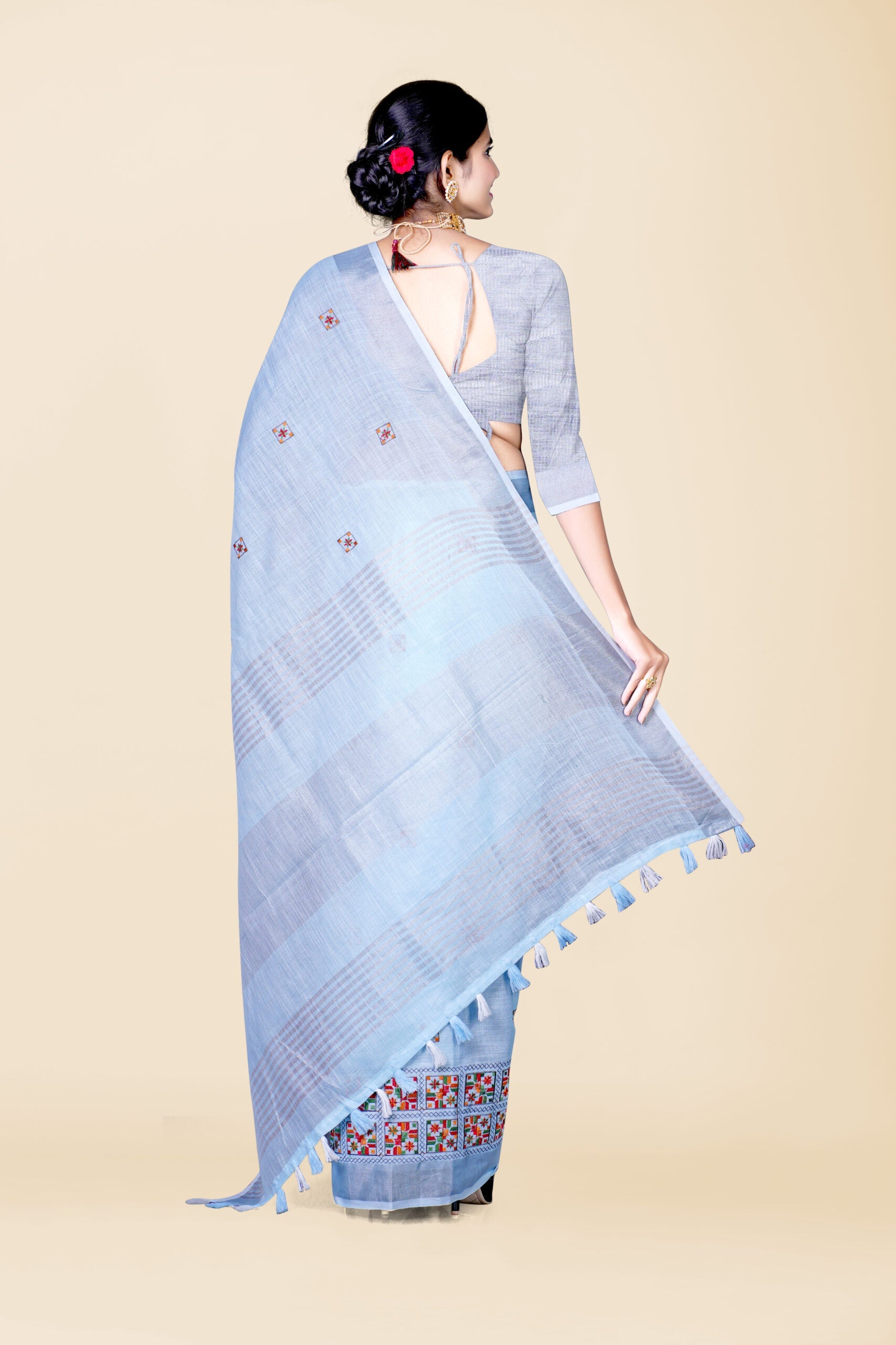 Sky Blue Threadwork Semi Silk Saree 
