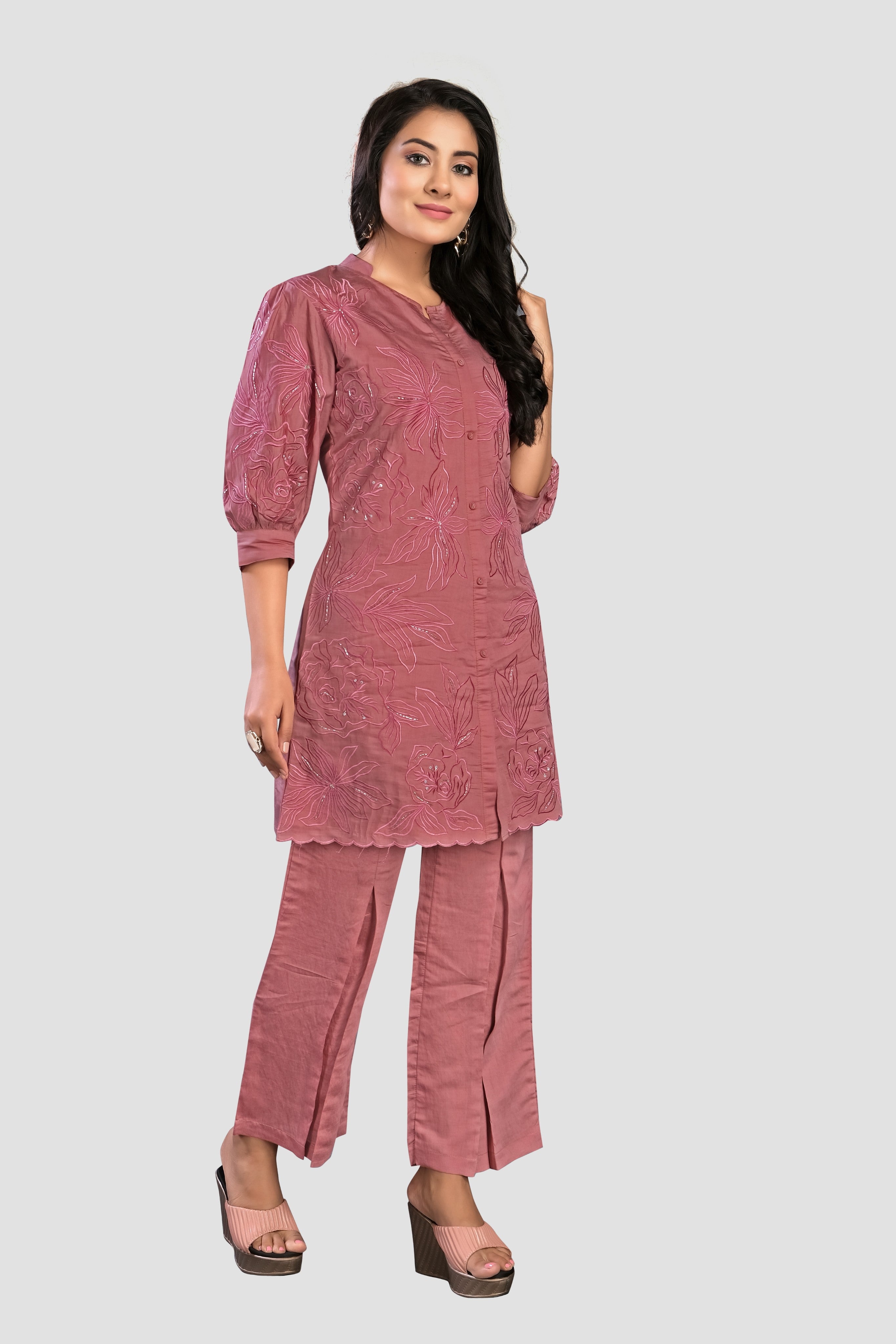 Pink Threadwork Muslin Co-Ord Set 