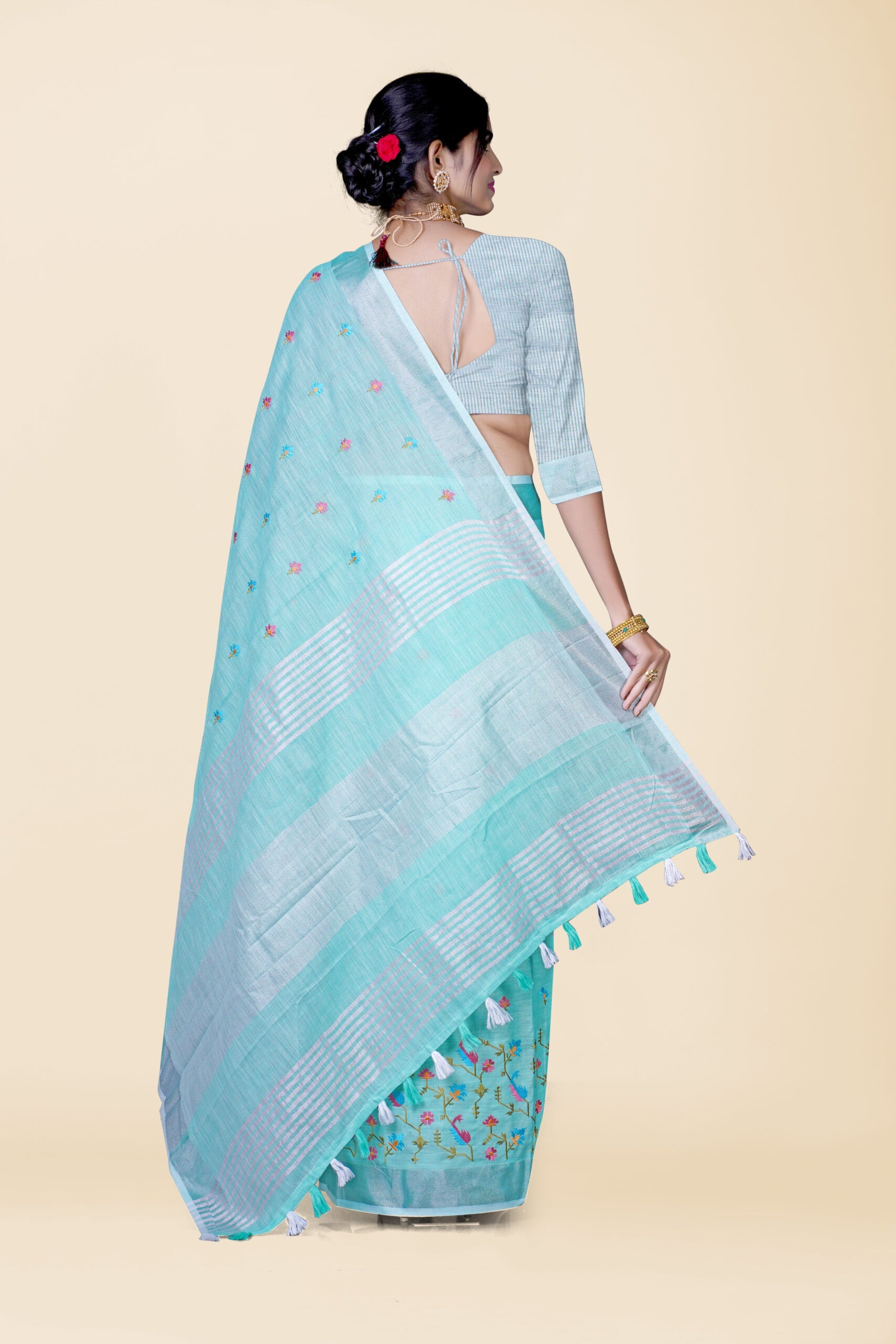 Sea Green Threadwork Cotton Silk Saree 
