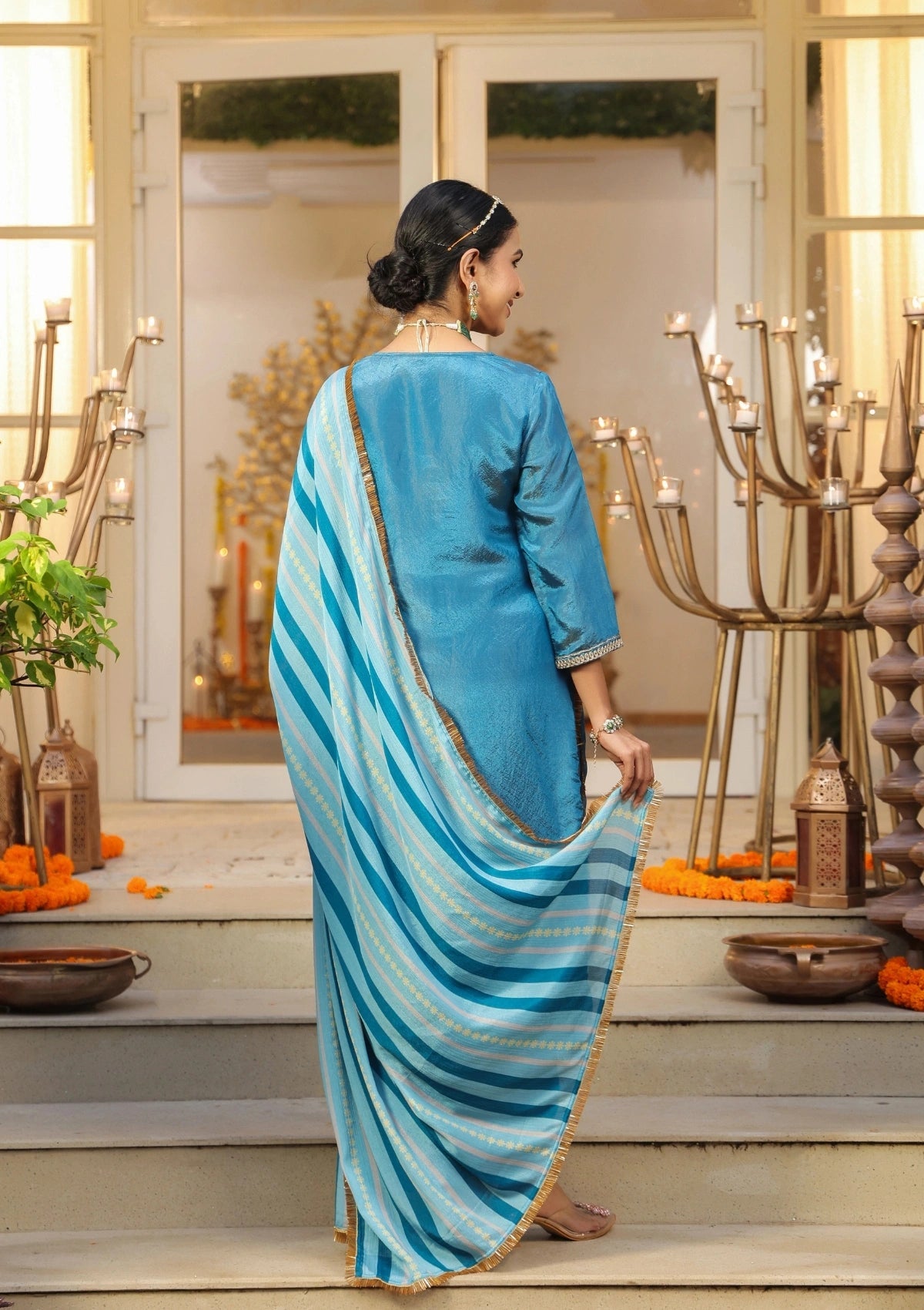 Blue Handwork Silk Kurta Set with Dupatta 