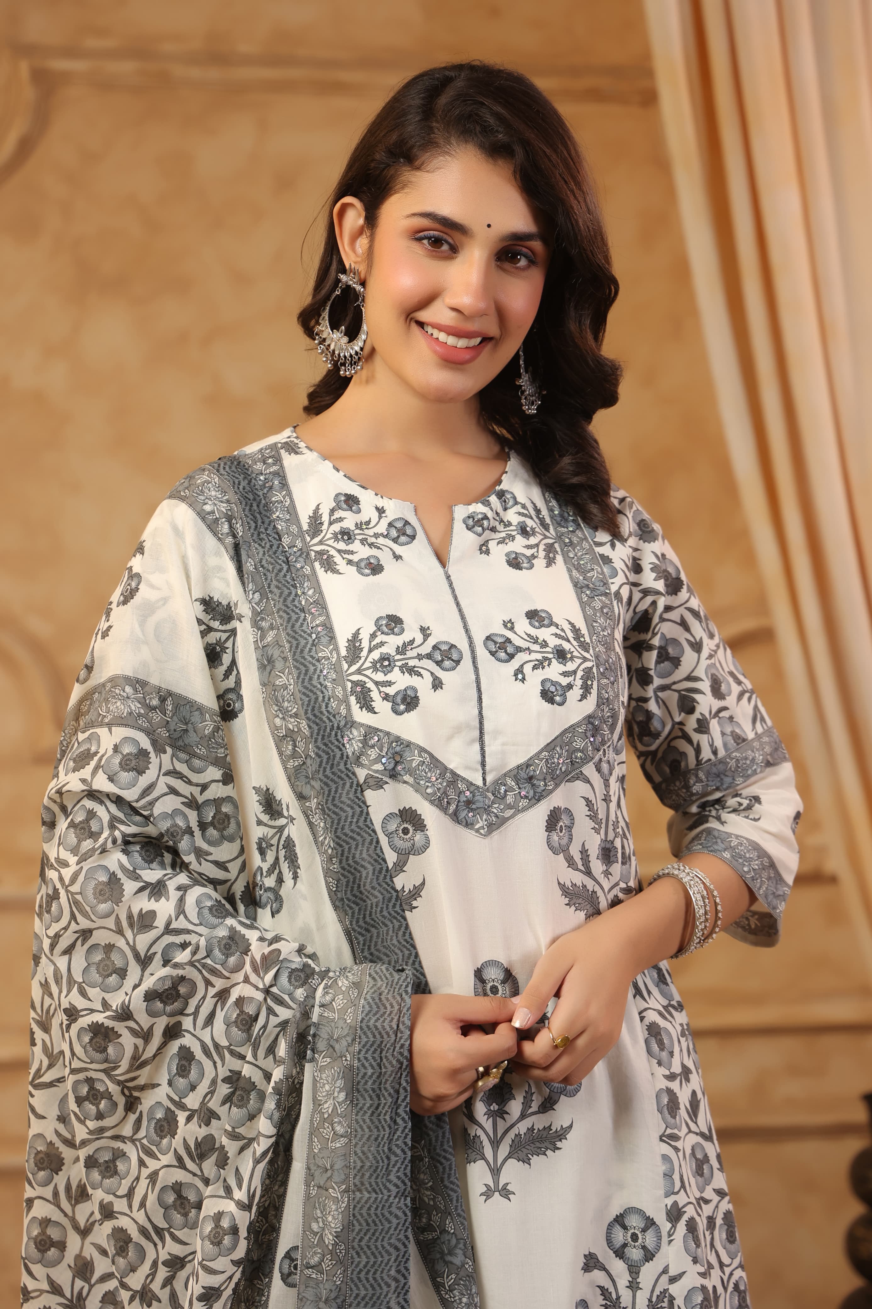 Grey Mirror work Block Print cotton kurta set 