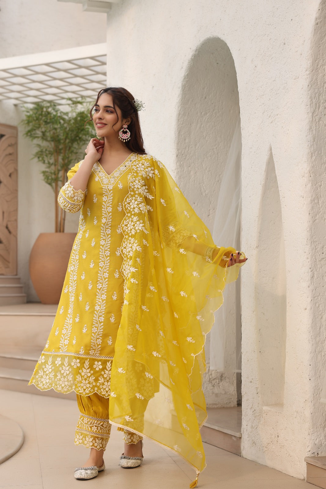 Yellow Threadwork Cotton Dobby Kurta Set - KAJREE