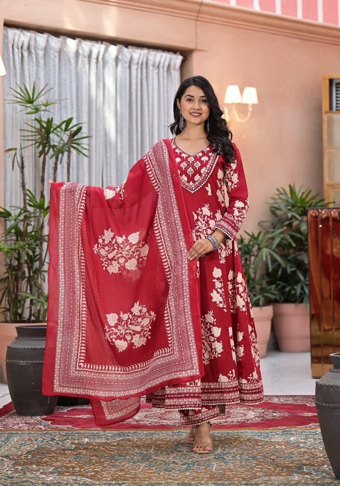 Red Aari work Block Print cotton kurta set 