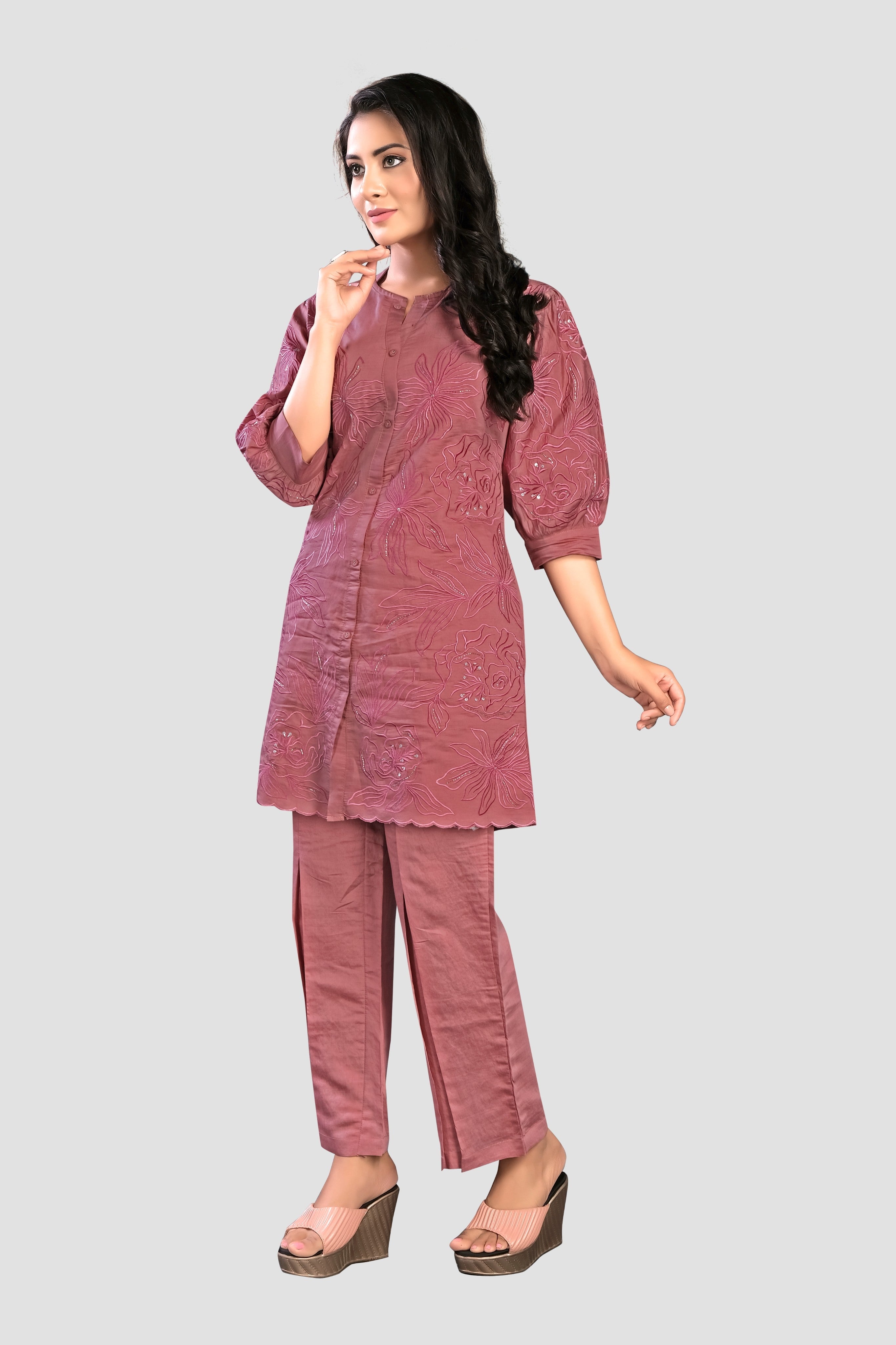 Pink Threadwork Muslin Co-Ord Set 