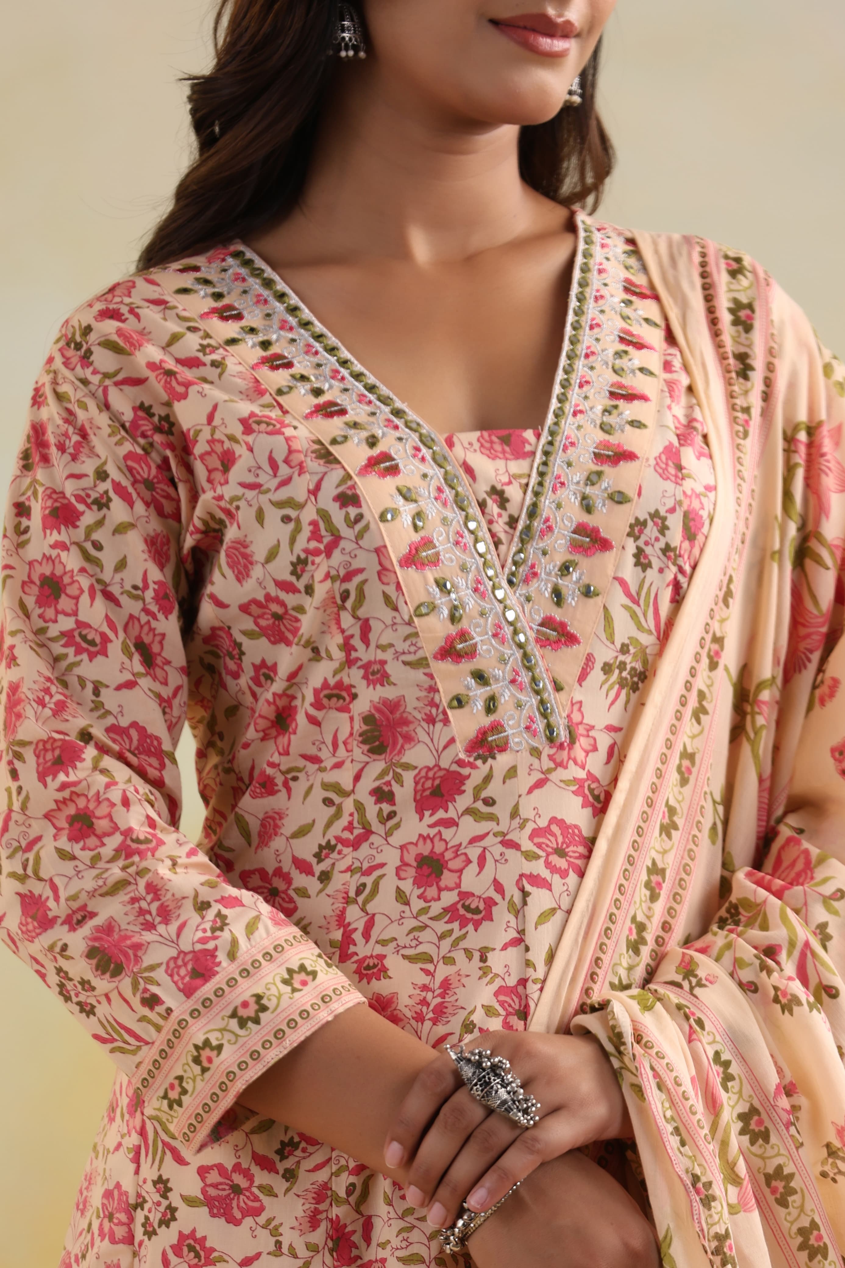 Peach Abla work Block Print cotton kurta set 