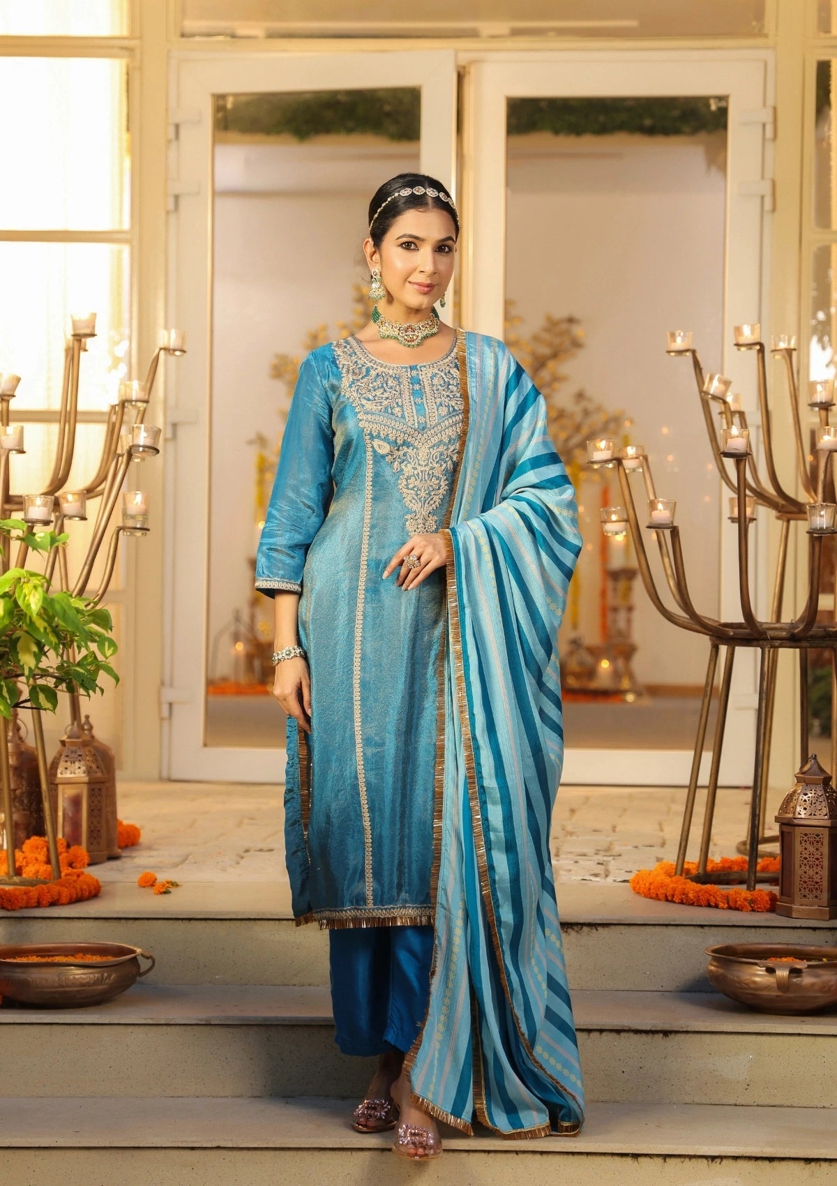 Blue Handwork Silk Kurta Set with Dupatta 
