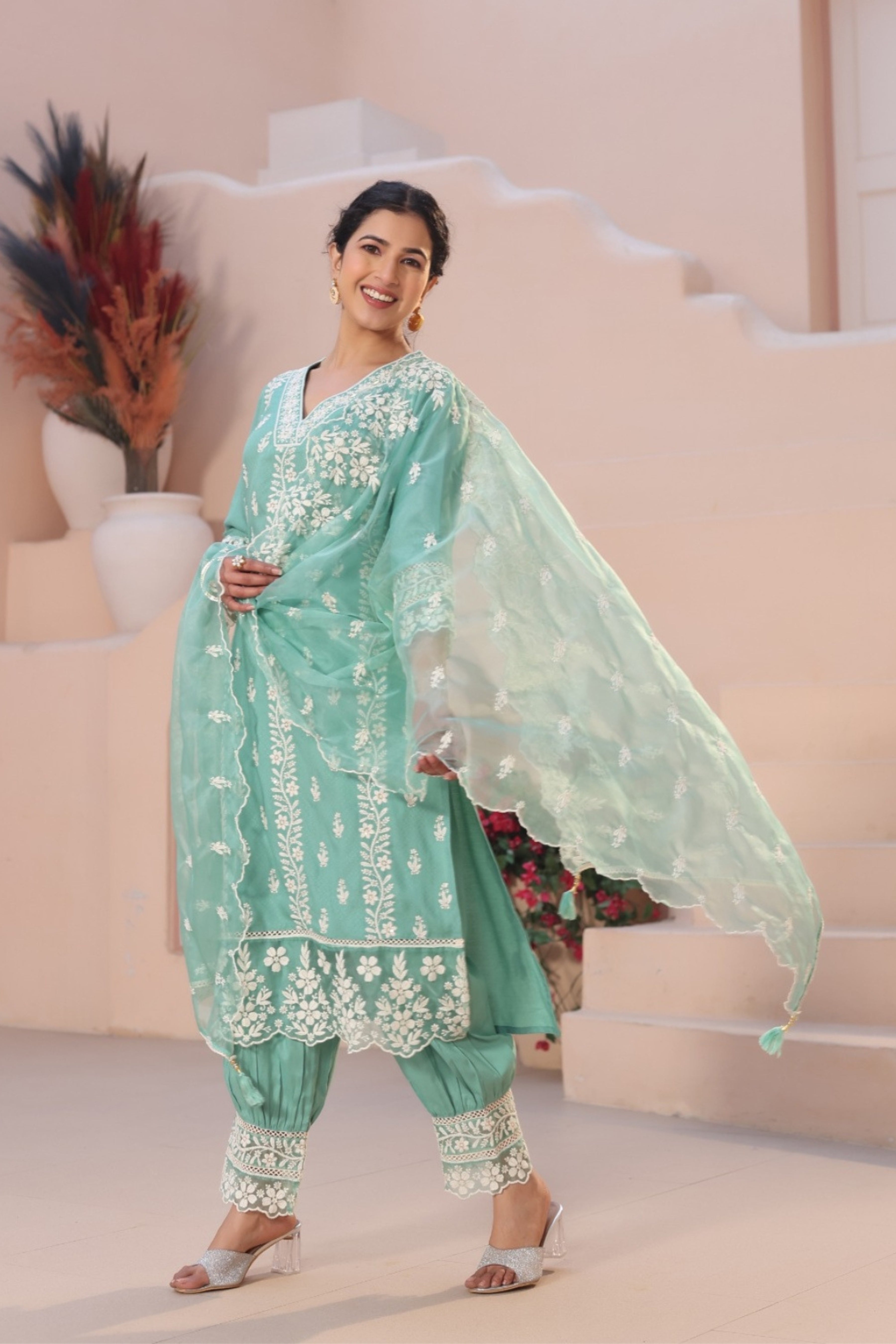 Sea Blue Threadwork Cotton Kurta Set - kajree 