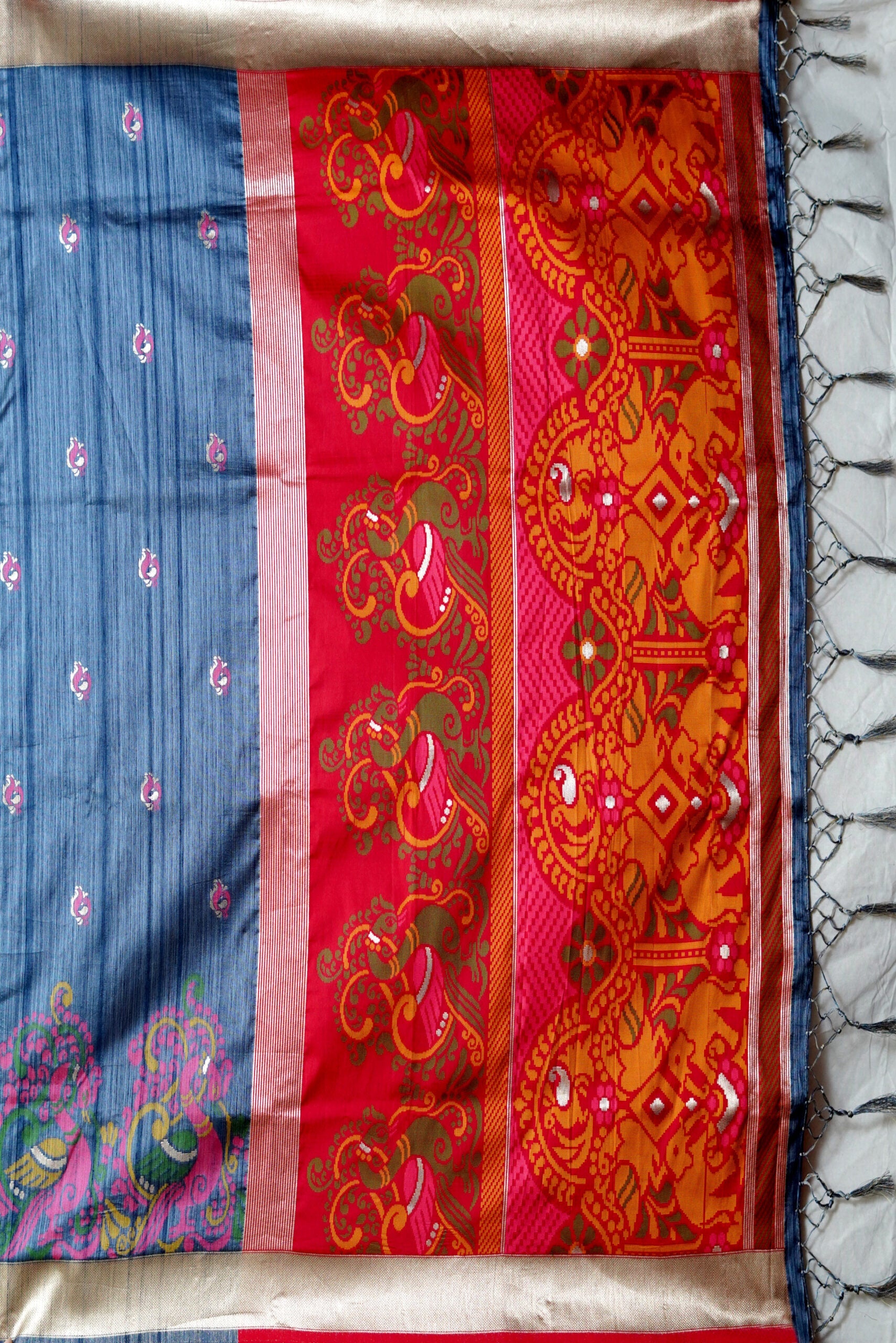 Grey Reshamwork Tussar Silk Saree - KAJREE