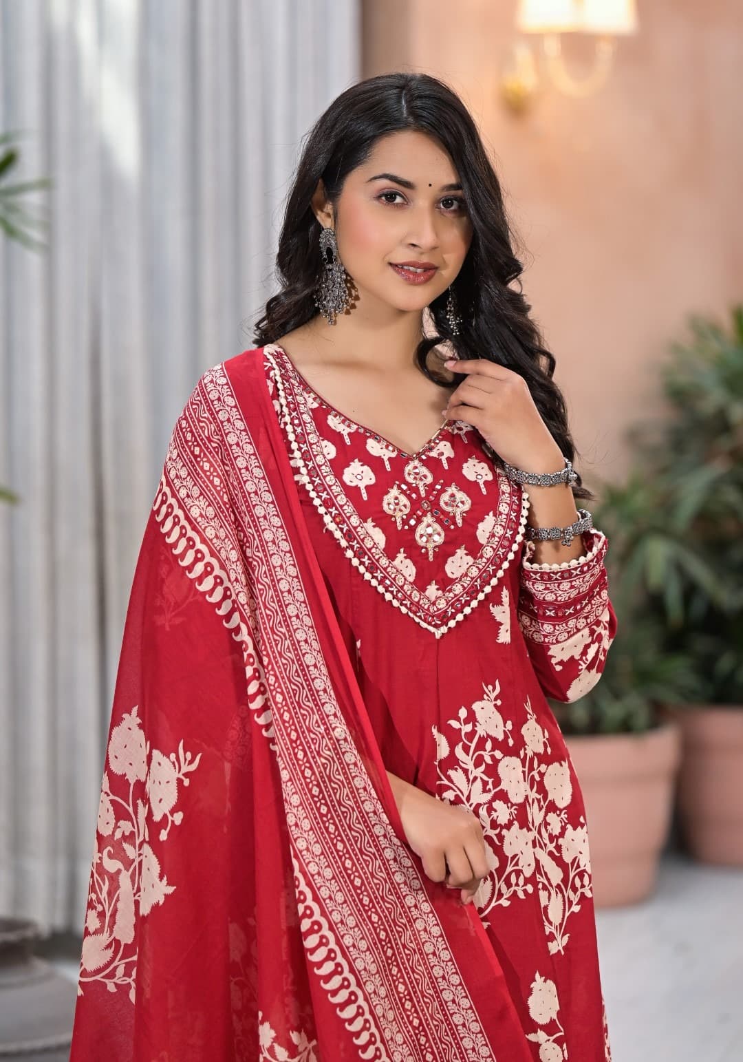 Red Aari work Block Print cotton kurta set 