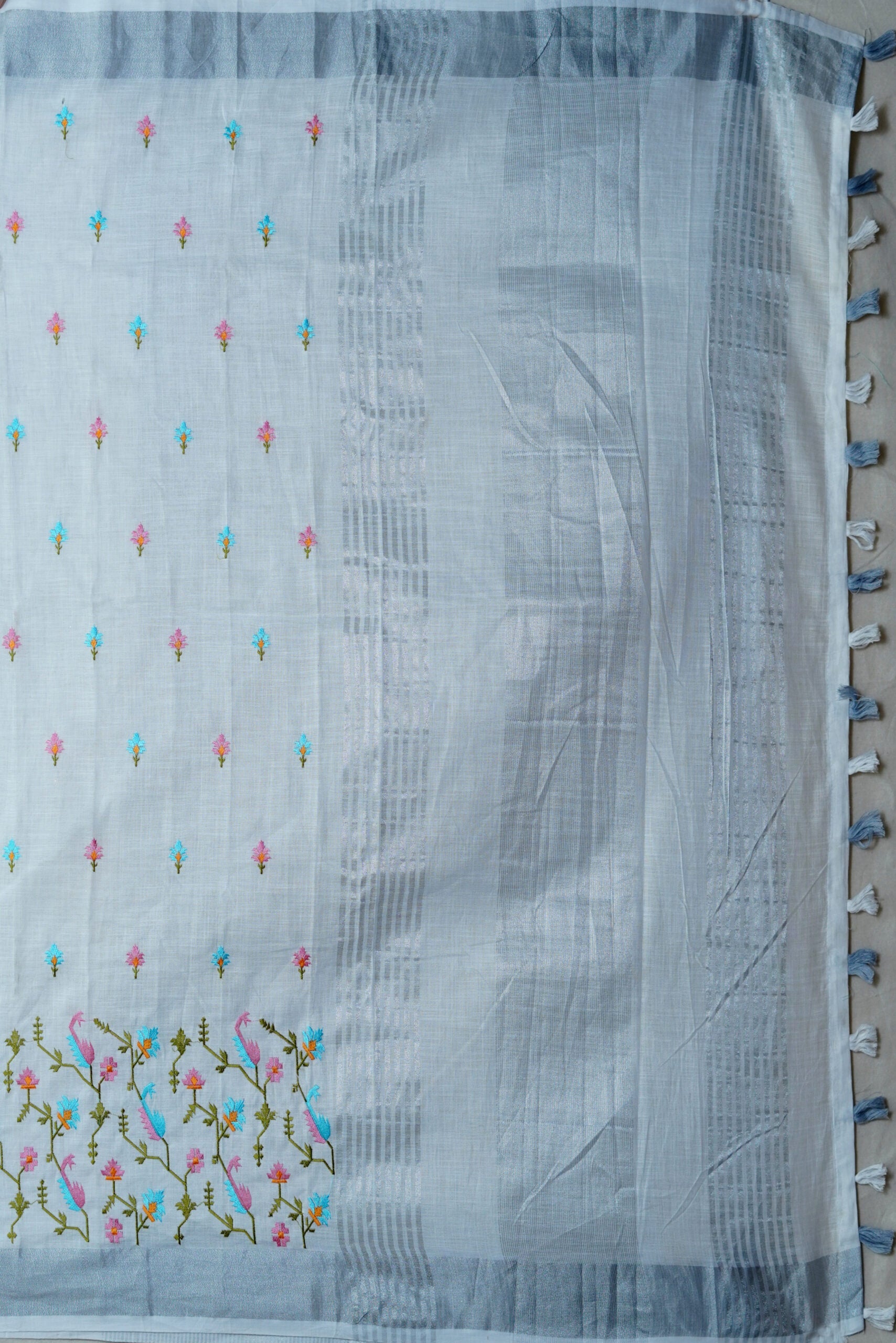 White Threadwork Semi Silk Saree 