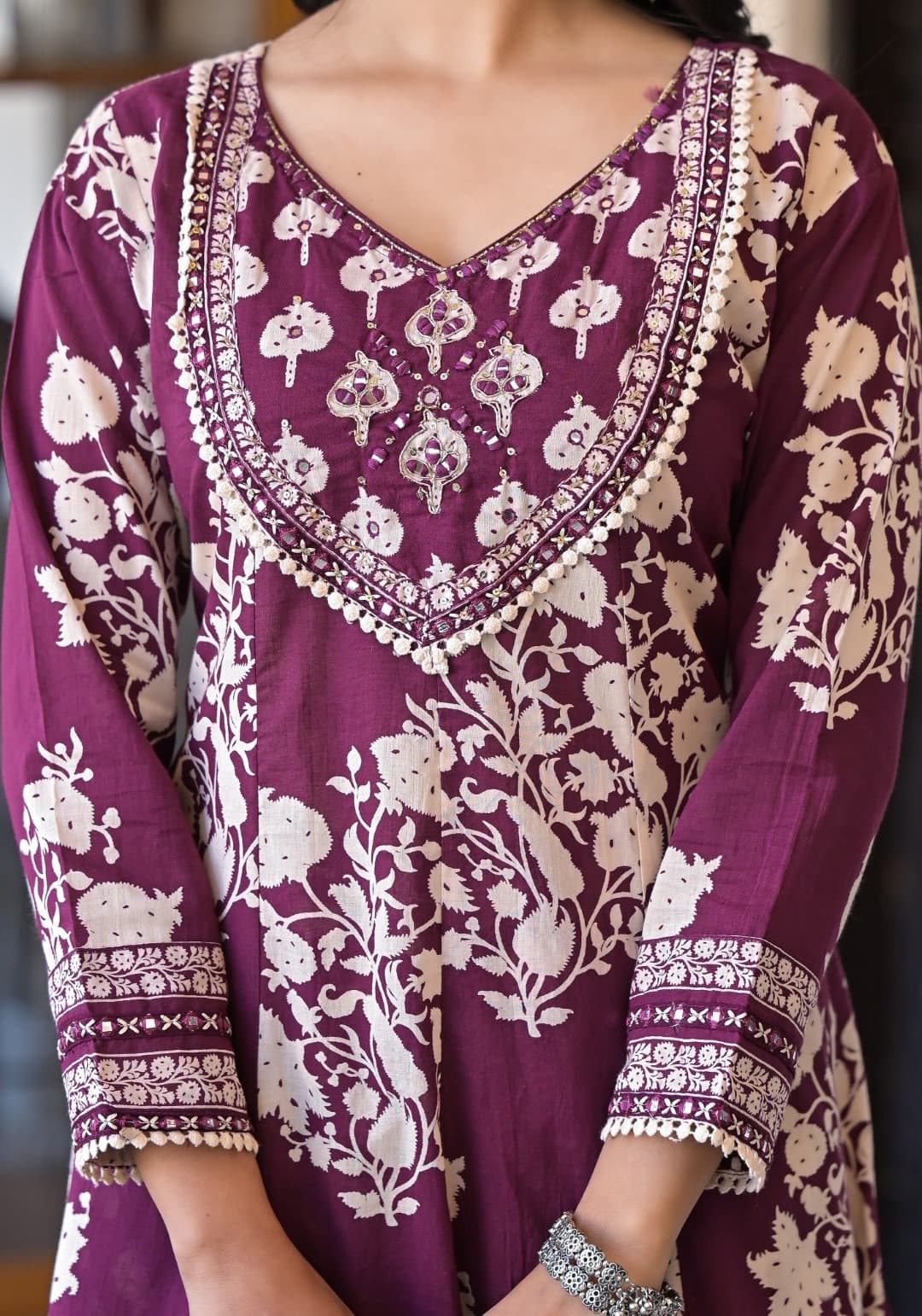 Maroon Aari work Block Print cotton kurta set 