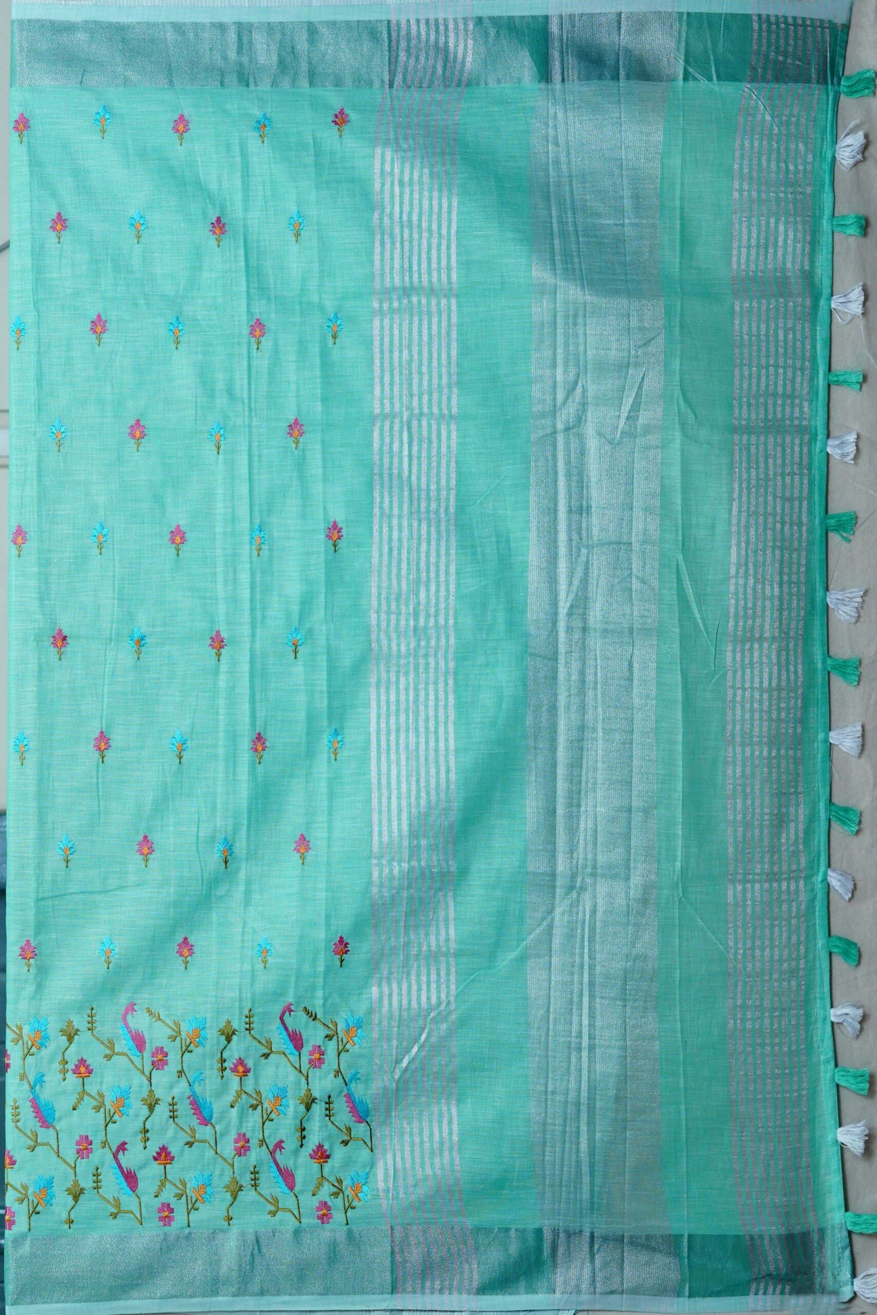 Sea Green Threadwork Cotton Silk Saree 