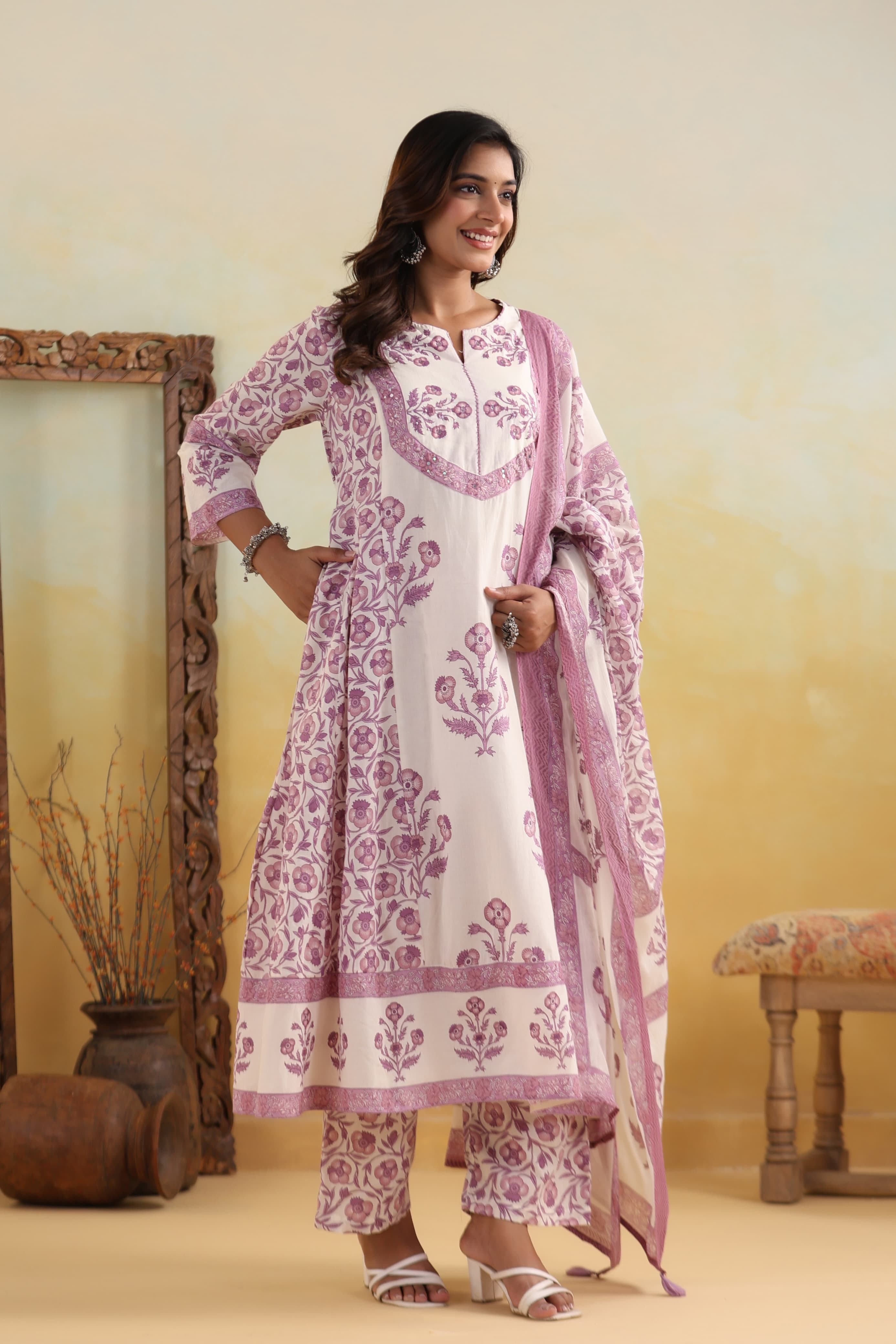 Purple Mirror work Block Print cotton kurta set 