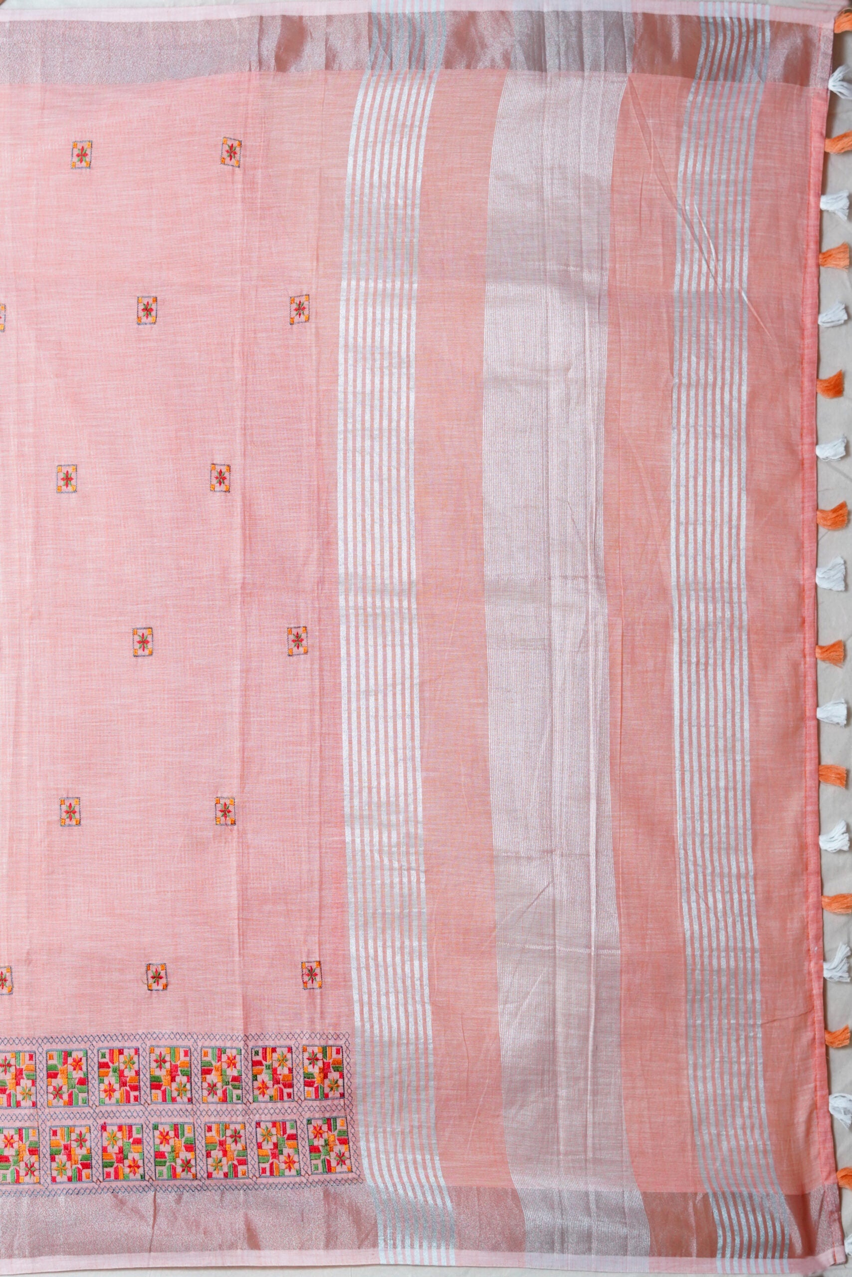 Orange Threadwork Cotton Silk Saree 