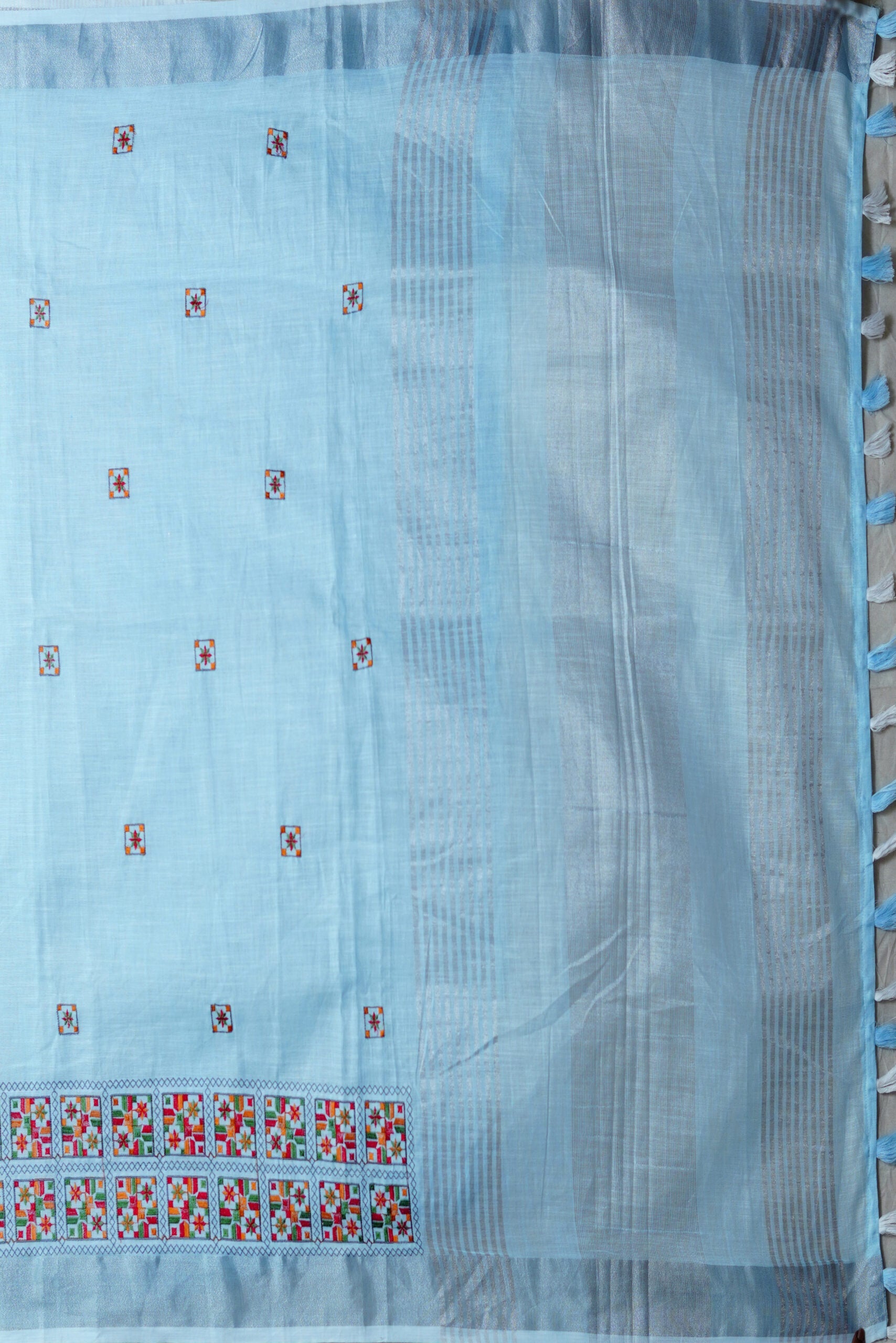 Sky Blue Threadwork Semi Silk Saree 