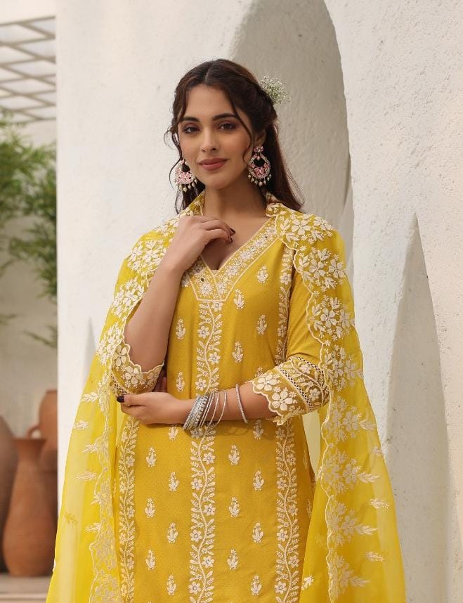 Yellow Threadwork Cotton Dobby Kurta Set - KAJREE