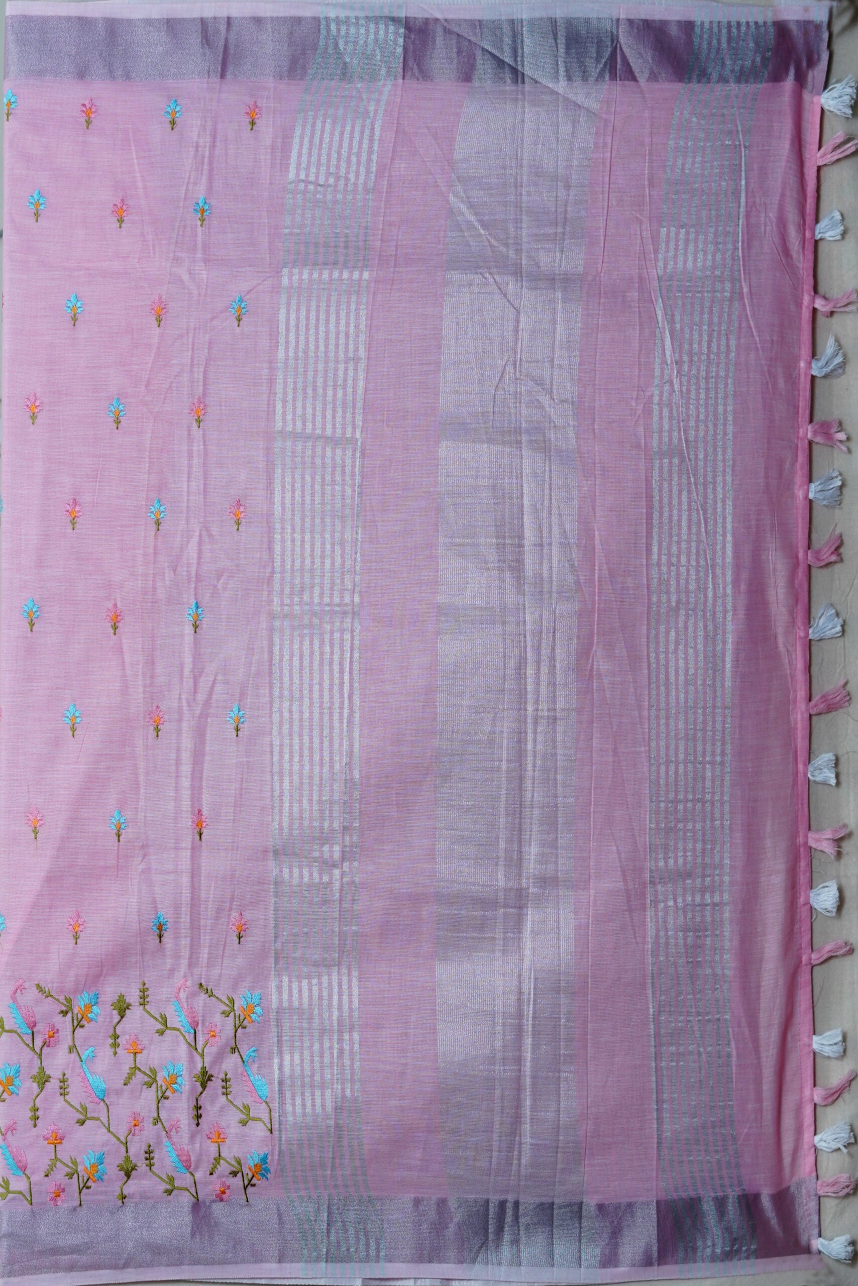 Baby Pink Threadwork Cotton Silk Saree 
