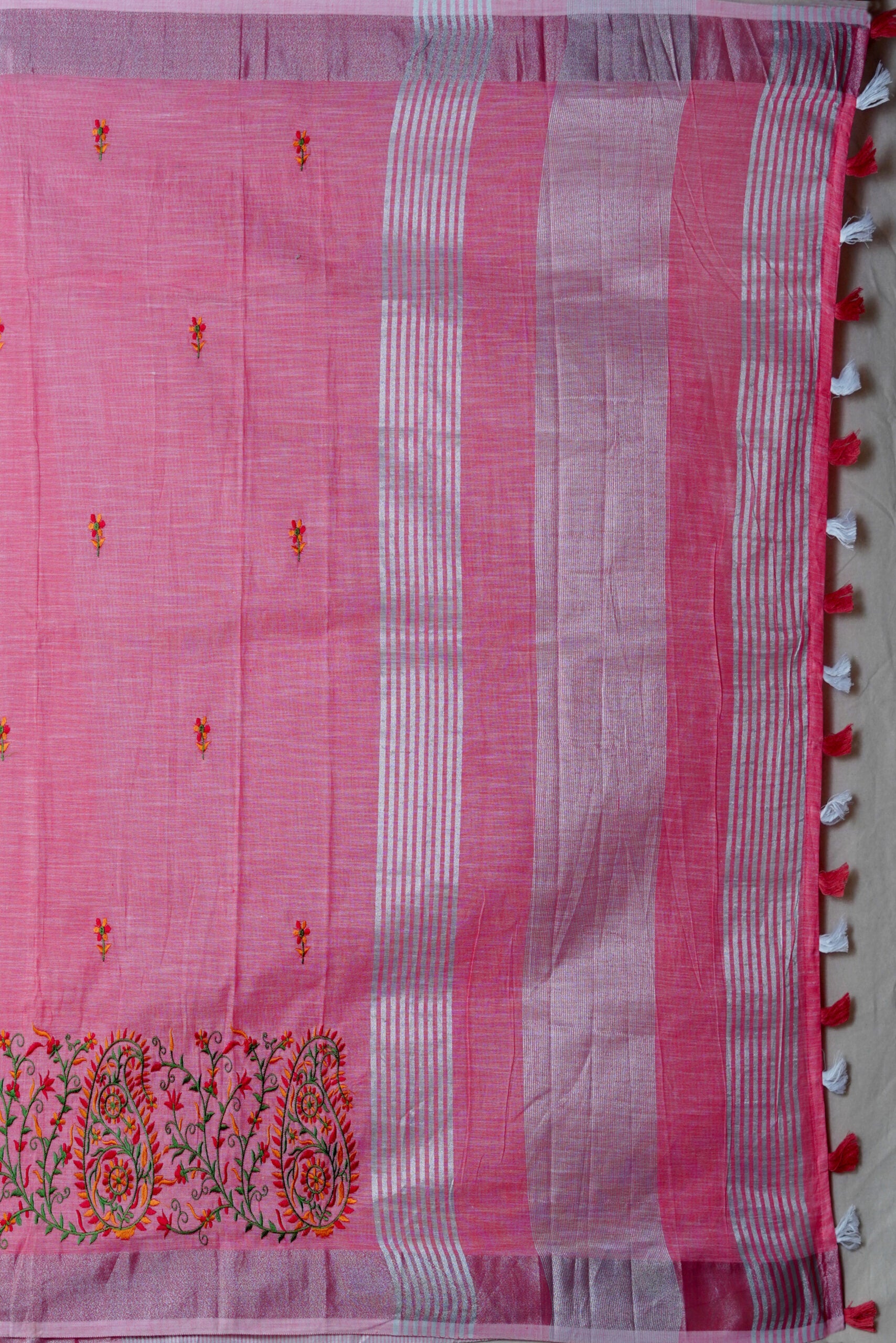 Pink Threadwork Semi Silk Saree 