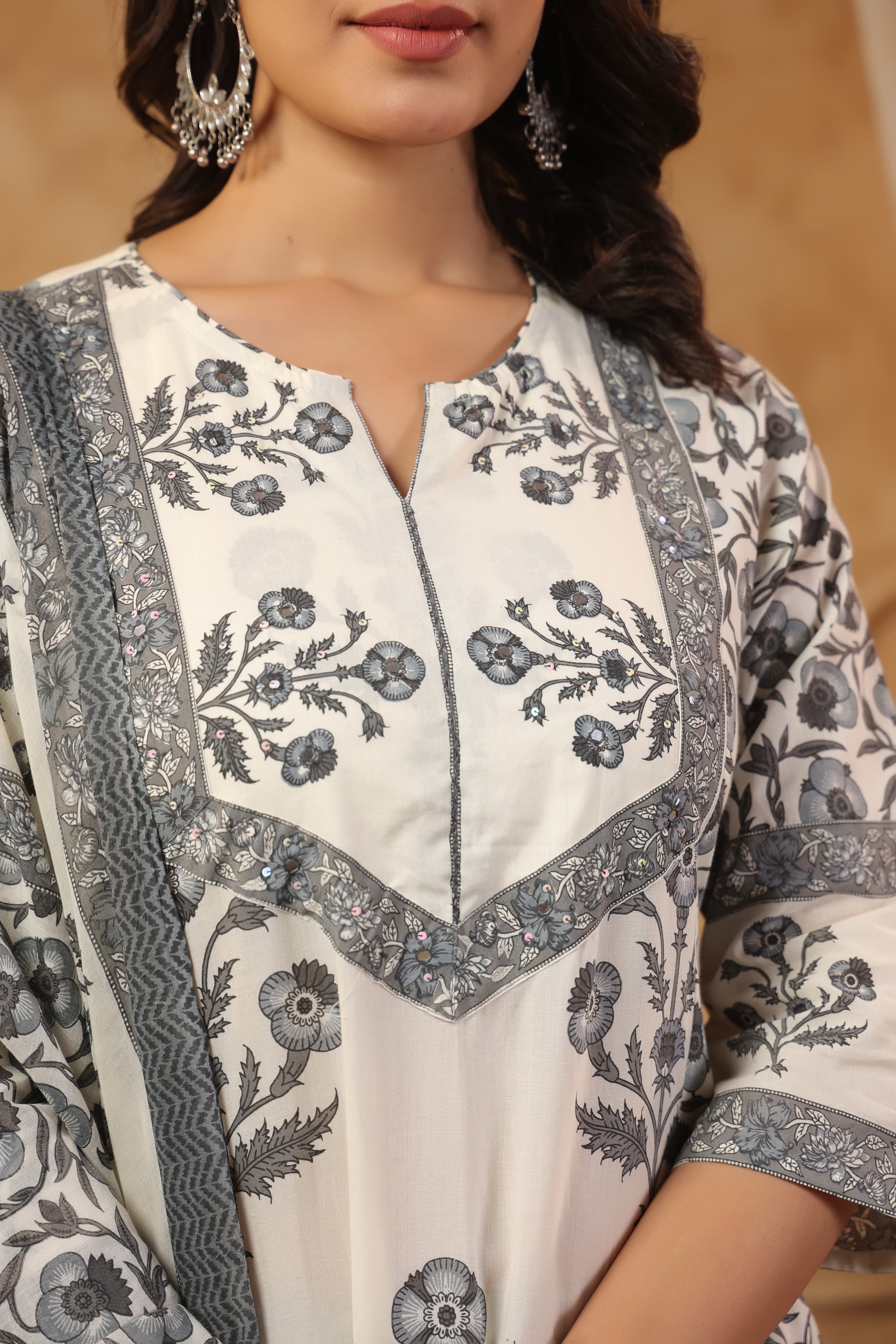 Grey Mirror work Block Print cotton kurta set 