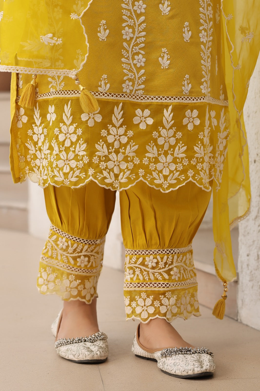 Yellow Threadwork Cotton Dobby Kurta Set - KAJREE
