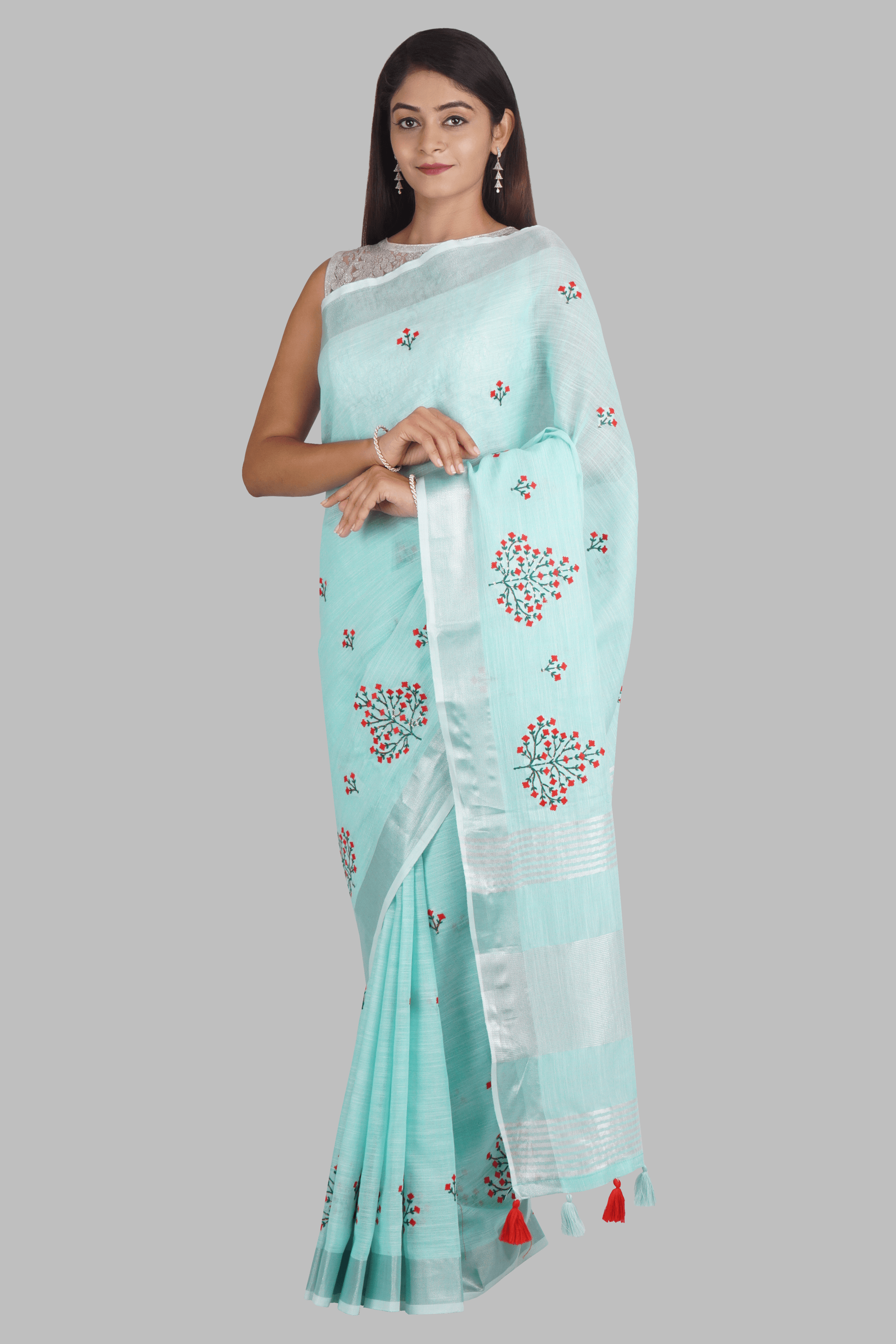 Sky Blue Threadwork Linen Saree - KAJREE
