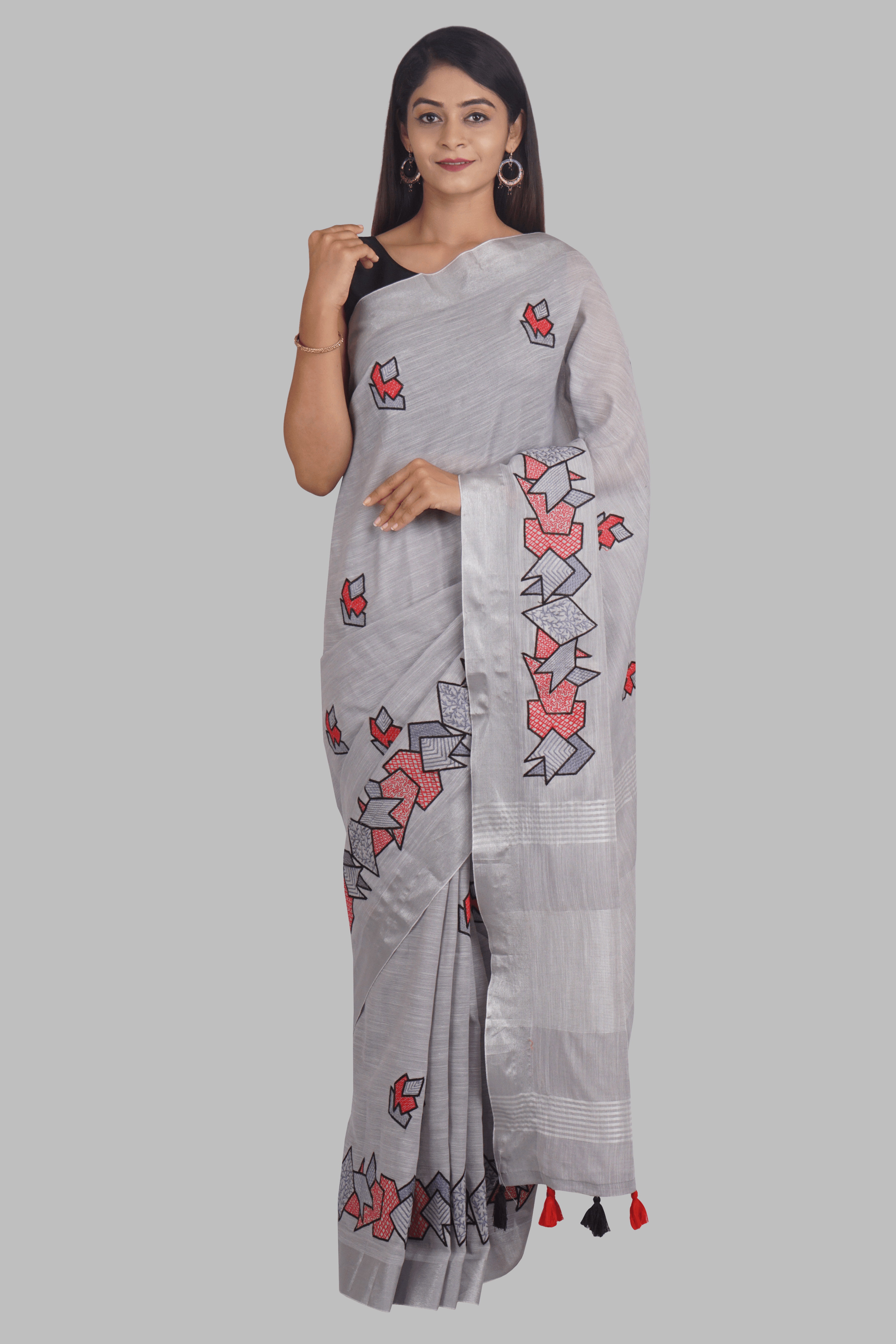 Grey Threadwork Linen Saree - KAJREE