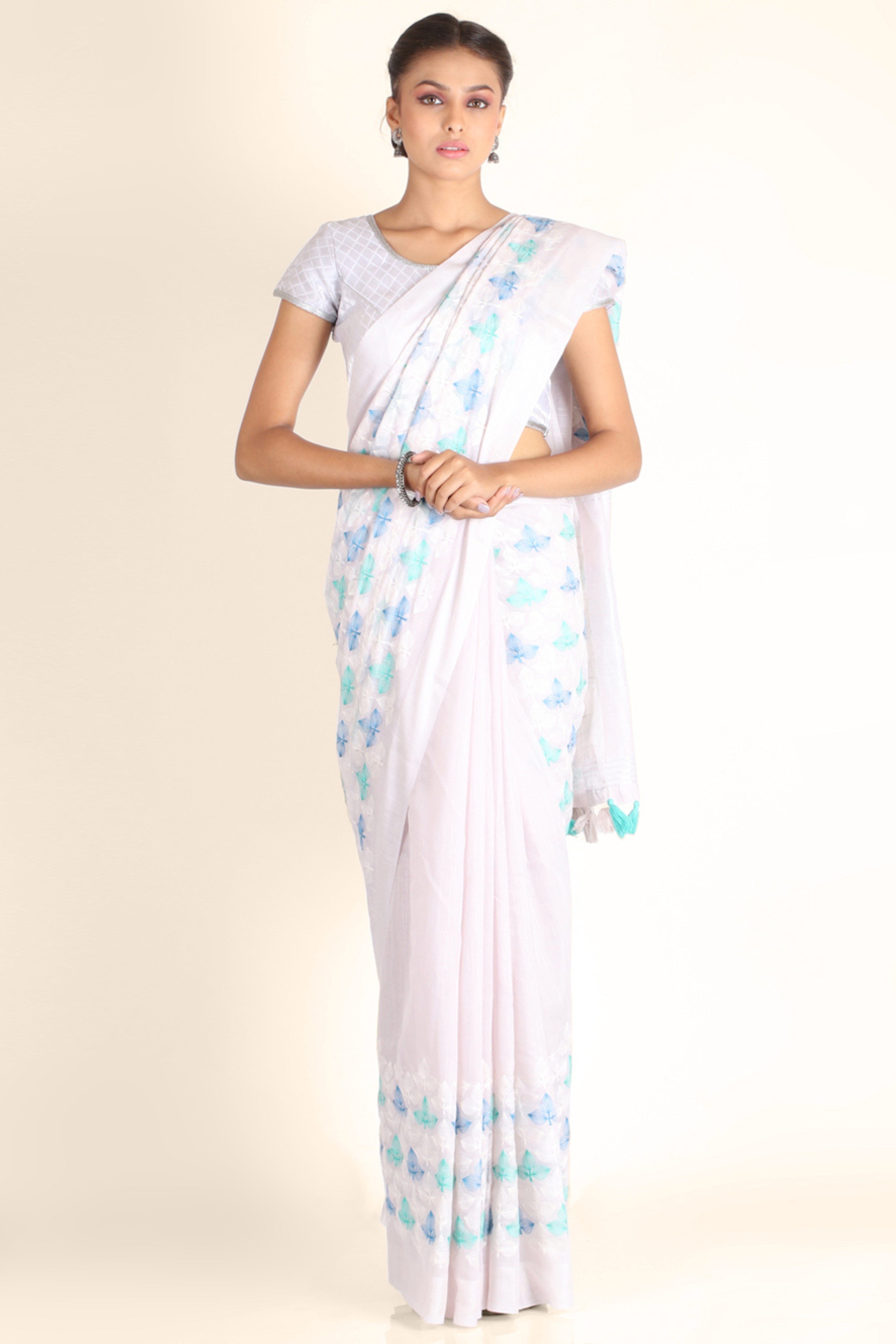 White Threadwork Linen Saree - KAJREE