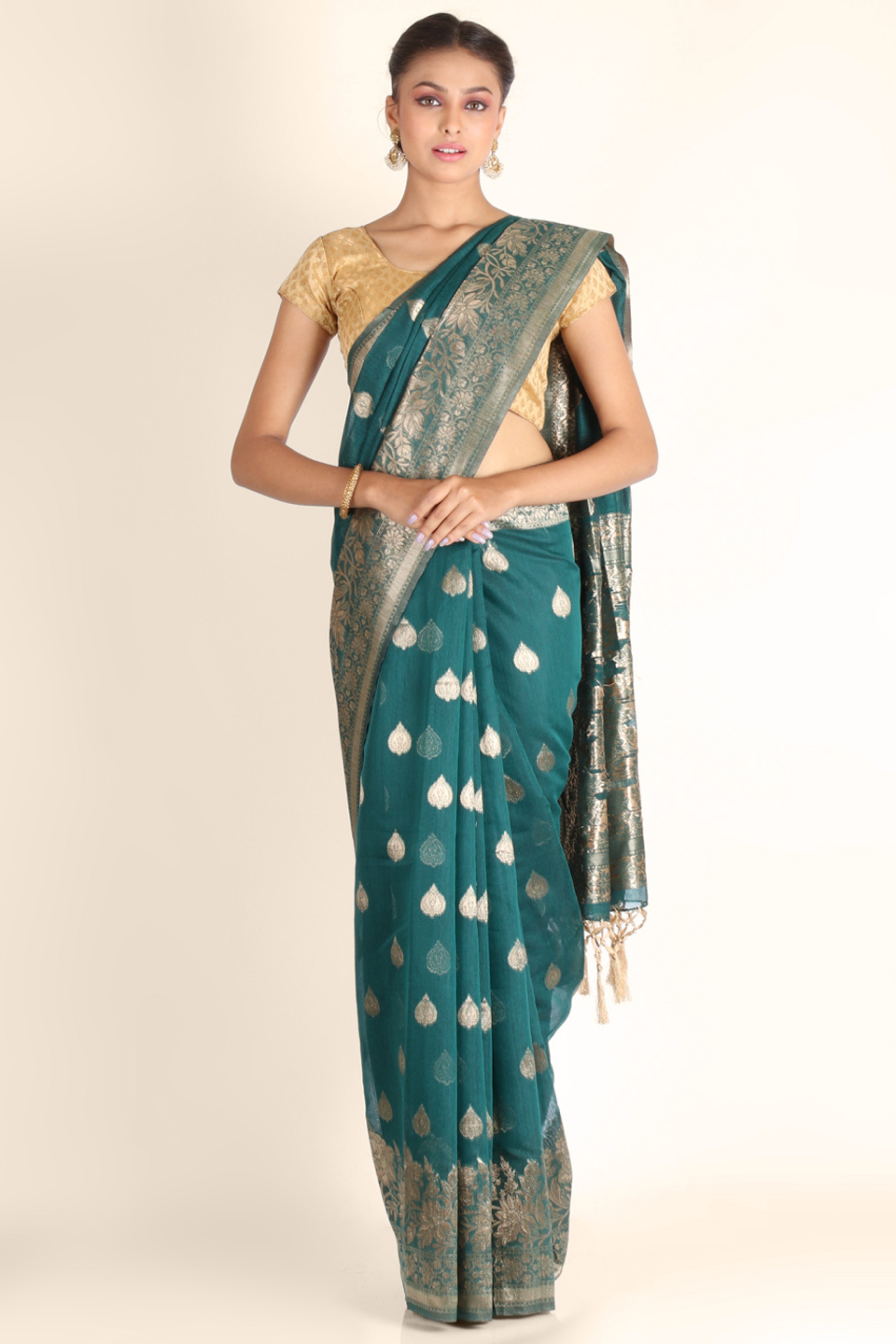 Teal Green Foil Print Linen saree 