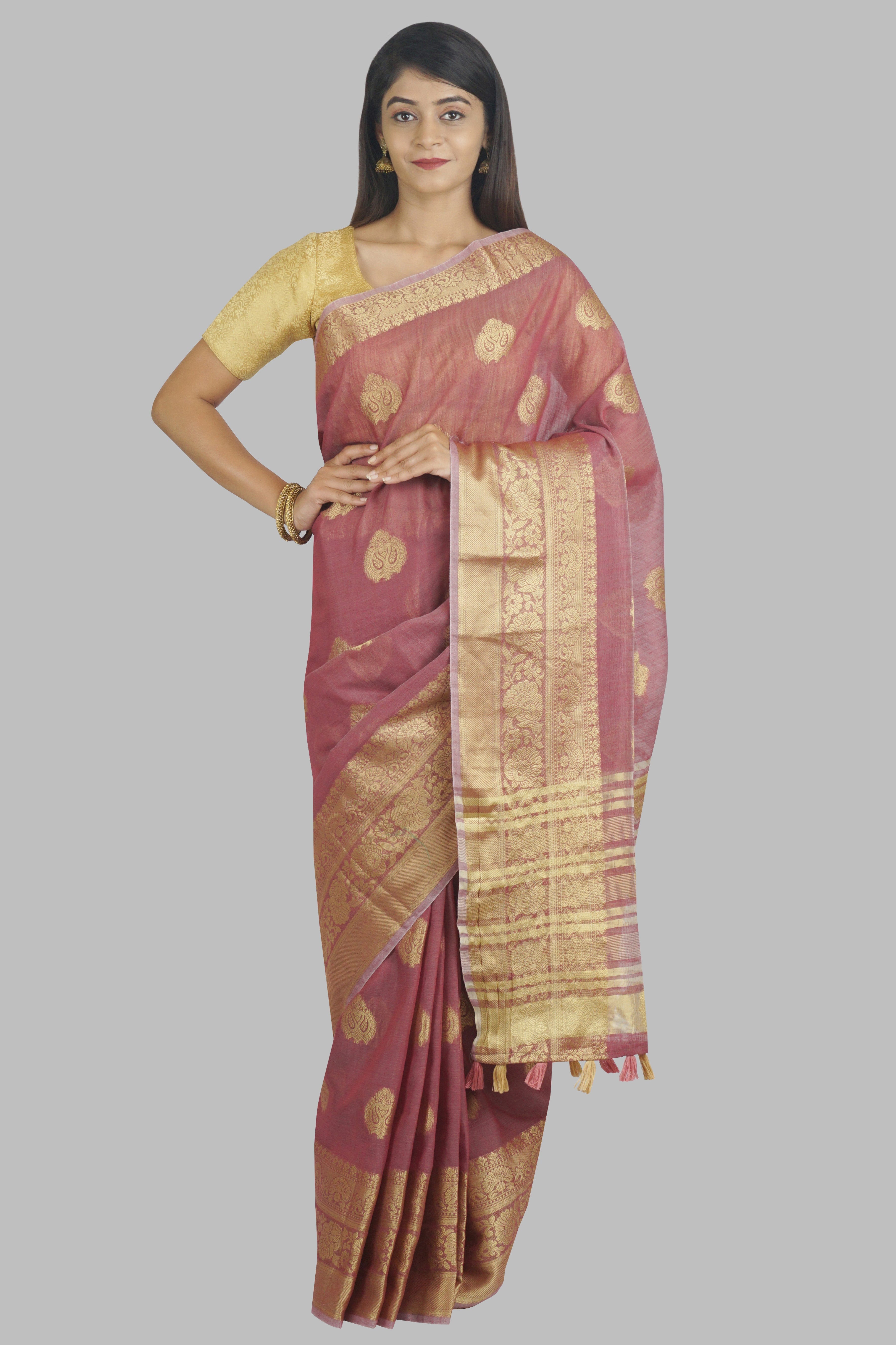 Wine Foil Print Linen Saree 