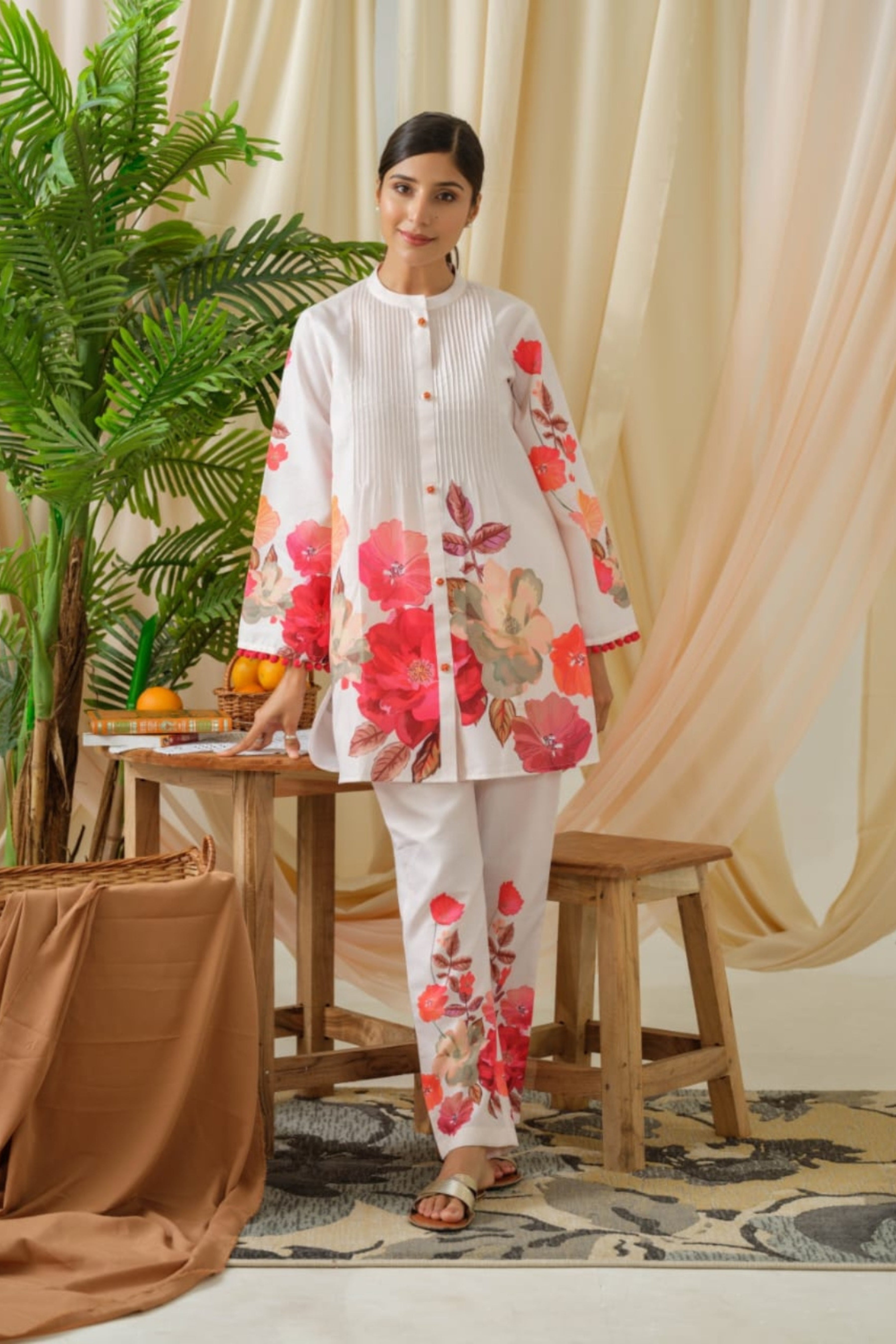 Cream Block Print Cotton Co-Ord Set 