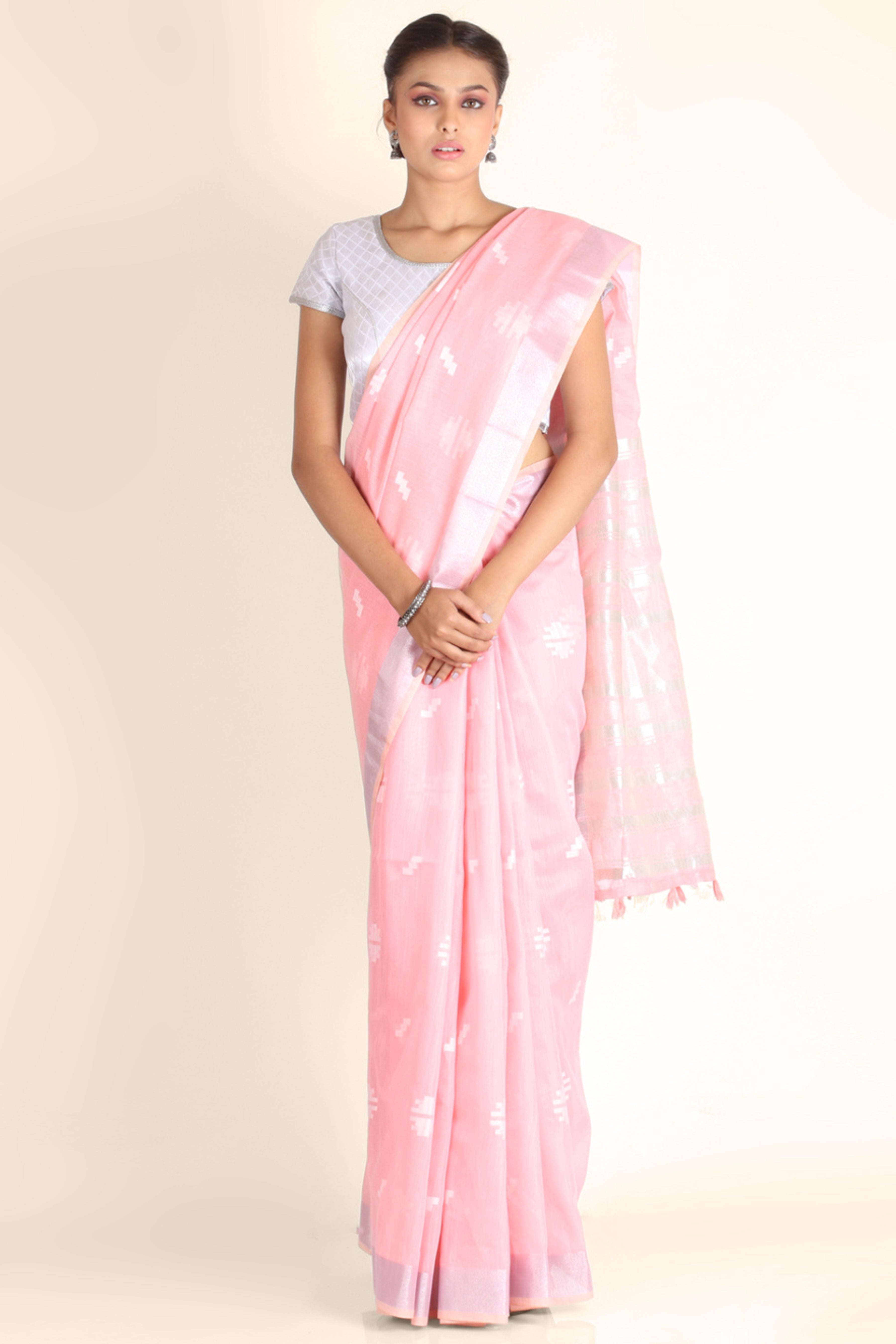 Pink Woven Design Linen Saree 