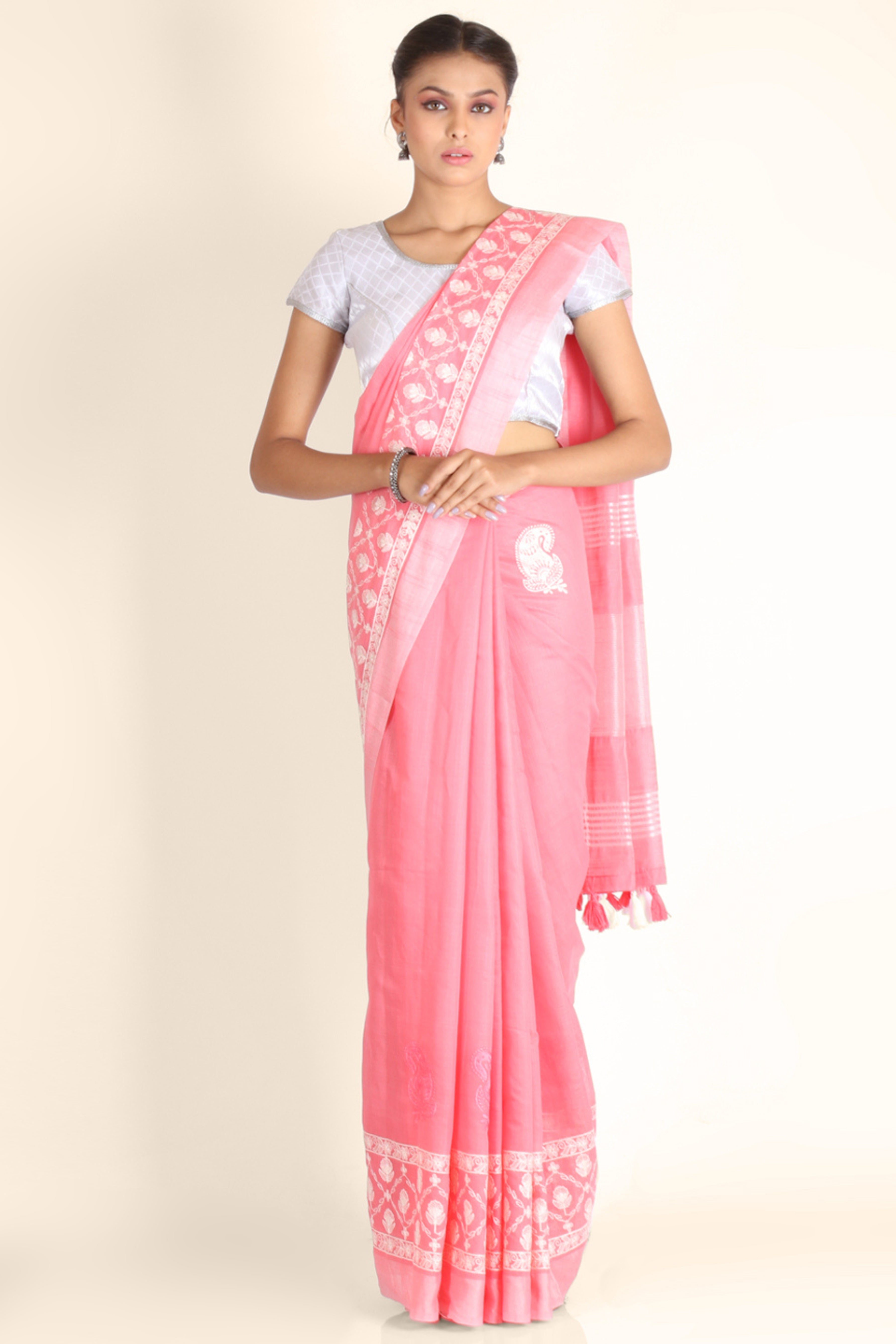 Pink Threadwork Linen Saree - KAJREE