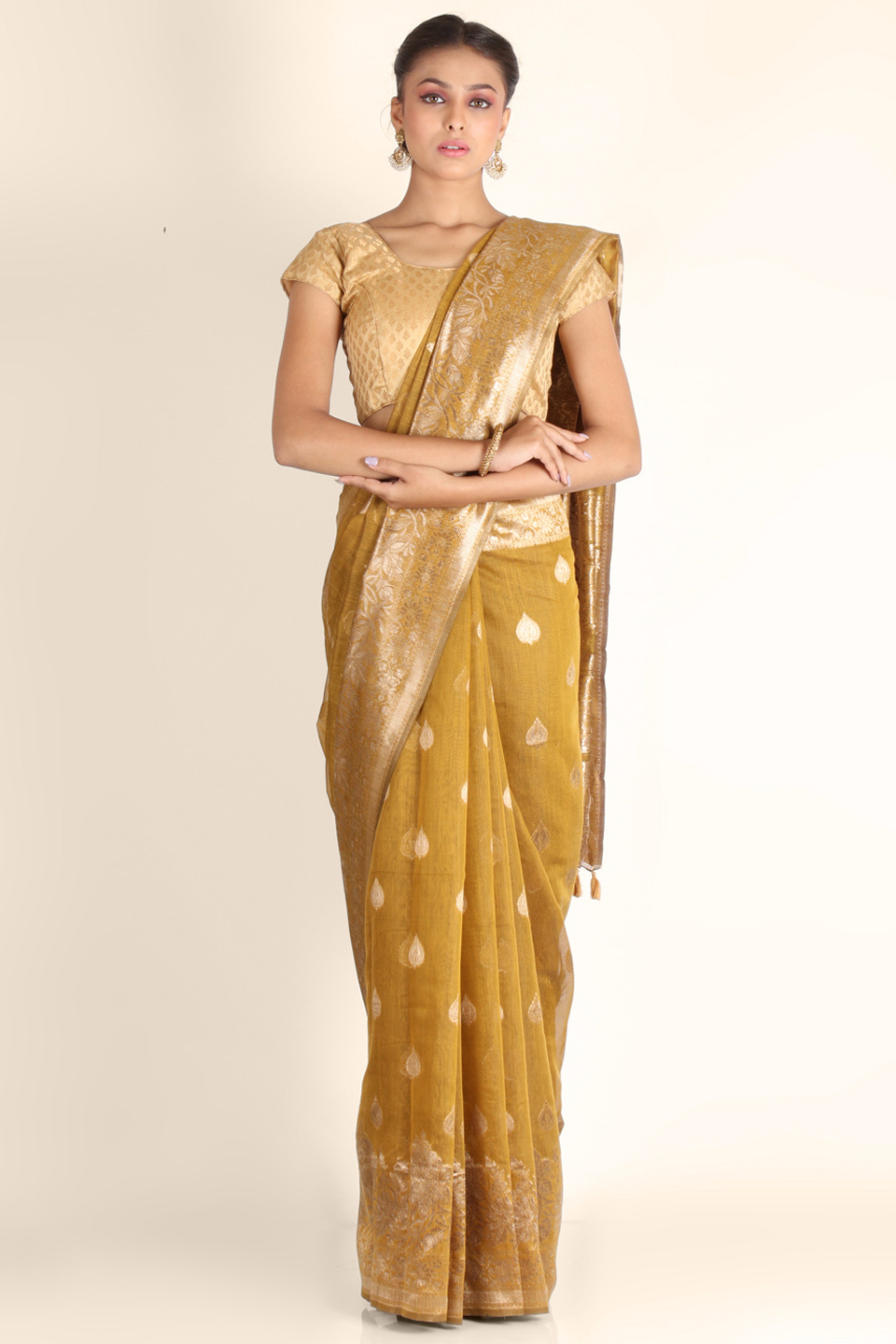 Mustard Foil Print Linen Saree - KAJREE
