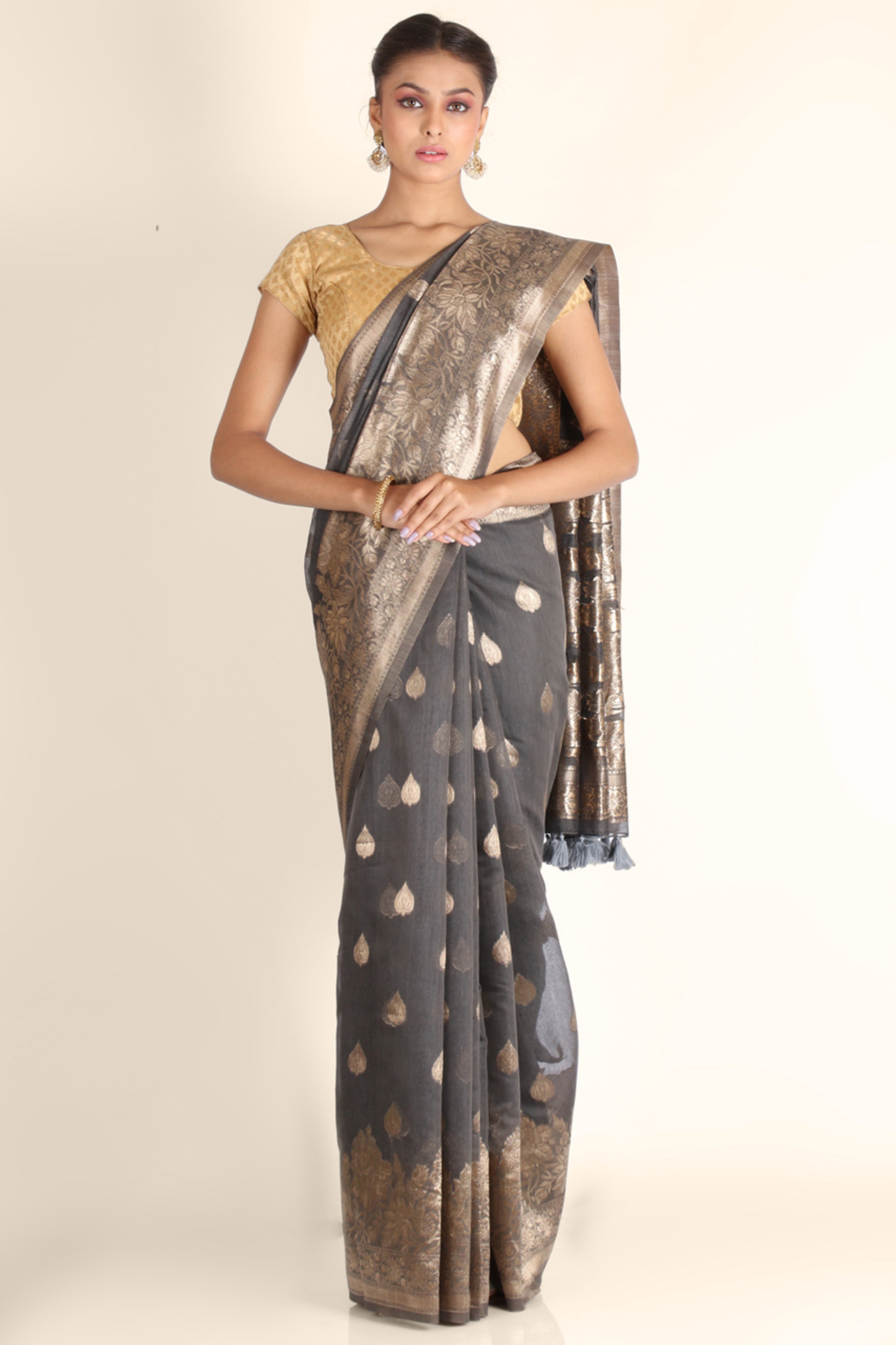 Dark Grey Foil Print  Linen Saree - kajree 